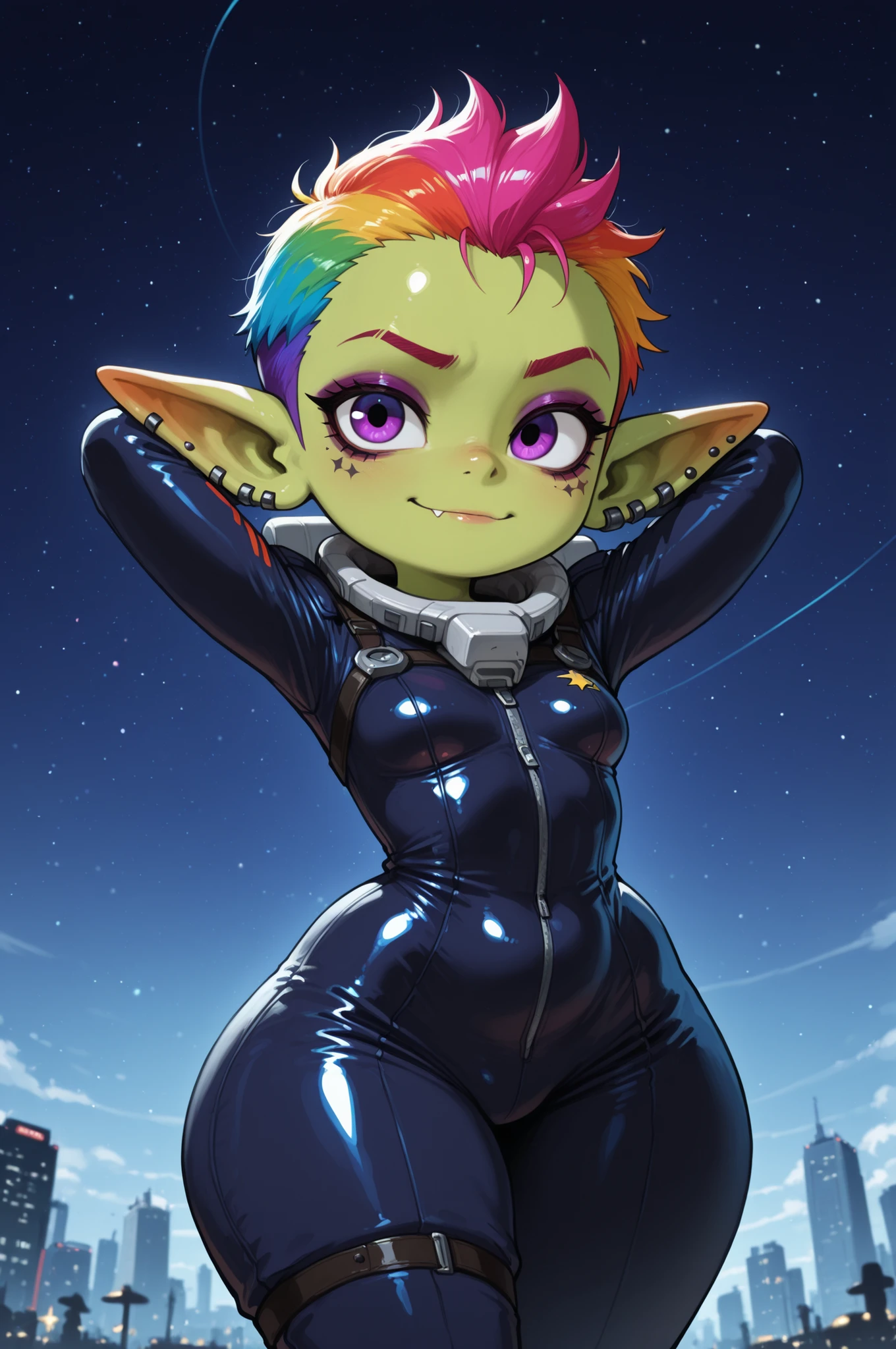 female punk, rainbow colors hair, very short hair, black eye , facial piercings, eye makeup, small breasts, meduim hips, (goblin girl:1.0) (shortstack:1.0) (green skin:1.0) (pointy ears:1.0) (wide hips:1.0)| score_9, score_8_up, score_7_up, 1girl, solo, SIS-Gc11w Stipla-Steroy, spacesuit, Stipla-Steroy spacesuit, astronaut, cowboy shot, chibi, , optimistic, arms behind head, skyscraper, KBR, kirby, space
