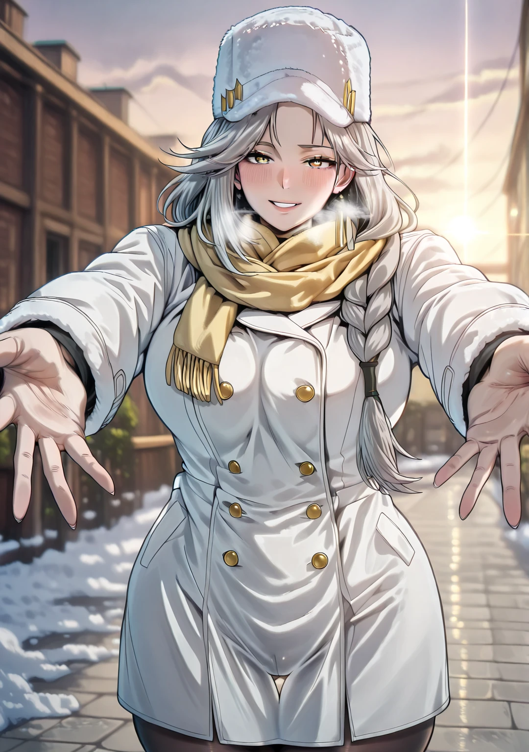 Meteor, L_Cation2, babu-style, Hgk, (jeneral-style:1.2), (butcha-u-style:1.2), (gin_moku-style:1.3), (toi8-style:1.4), ((anime coloring, anime screencap)), shiny skin, Hand drawn, cinematic, Sharp focus, humorous illustration, big depth of field,(cellulite:1.2) Masterpiece, ((backlighting)), concept art, trending on artstation, Vivid colors, Simplified style, trending on ArtStation, trending on CGSociety, Intricate, Vibrant colors, Soft Shading, Simplistic Features, Sharp Angles, Playful, (voluptuous body:1.4), (mature female:1.4), ((anatomical correct)), perfect body, perfect eyes, perfect fingers, gasping, heavy breathing, gasping profusely, ((skindentation)), ((curvy, thigh gap)), long hair,grey hair,braid,yellow eyes, bright pupils, plump, 1girl, scarf, solo, hat, smile, coat, chromatic_aberration, blush, breasts, facing_viewer, white_coat, pantyhose, winter_clothes, long_sleeves, yellow_scarf, outdoors, buttons, blurry, hands_up, fur_hat, blurry_background, white_headwear, open_mouth, cold, breeze