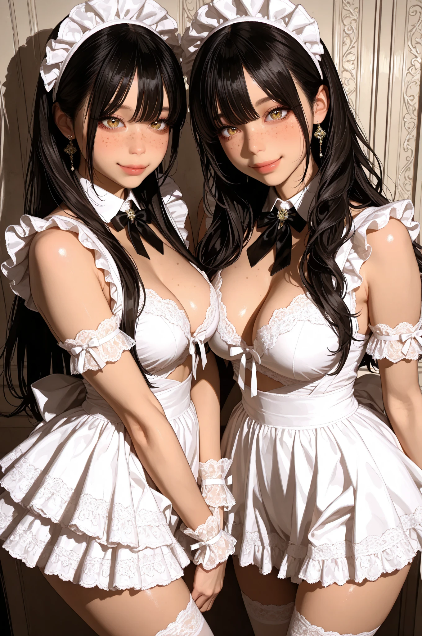 (Best Quality), (Masterpiece), (Raw photo), Master, Very beautiful, High Definition CG, 8k Wallpaper, Amazingly Fine Details, Official Art, Huge File Size, High Definition, Darkness, Atmosphere, Mystic, Romanticism, Spooky, Literature, Art, Fashion, Elegant, (Perfect Anatomical Depiction of the Human Body))), (Two 18-year-old girls kiss in a flower garden), (Kiss ), (close eyes), ((stick out tongue)), (two are of different races), qincai, one has blonde blue eyes and long hair that is partially braided, (blonde blue-eyed person hugs and kisses ),
 One is a twin-tailed brunette Japan with beautiful whitening skin, (Japan person is hugged  and turns around to kiss), (very huge), (super big), (thin waist), (big buttocks), (thin thighs), (skin turns white), baby face, (neat white blouse of smooth thin fabric with ribbon tie)), (blouse chest is very cramped), () , (dark ), (blouse crushes large breasts and spreads to the sides),
 ((Ultra  Pleated Skirt)), (Skirt length short enough to show buttocks), (White ), (No skin  on upper body), (Neat clothes with all buttons fastened), Shot from below, (framed from thighs up), Soft sunshine garden, (Flowers in full bloom), (Backlit shooting), Ribbon tie, Accessories piercing only, Grabbing , 
breast grab, involuntarily grabbing your breasts, involuntarily closing your eyes, involuntarily sticking out your tongue,