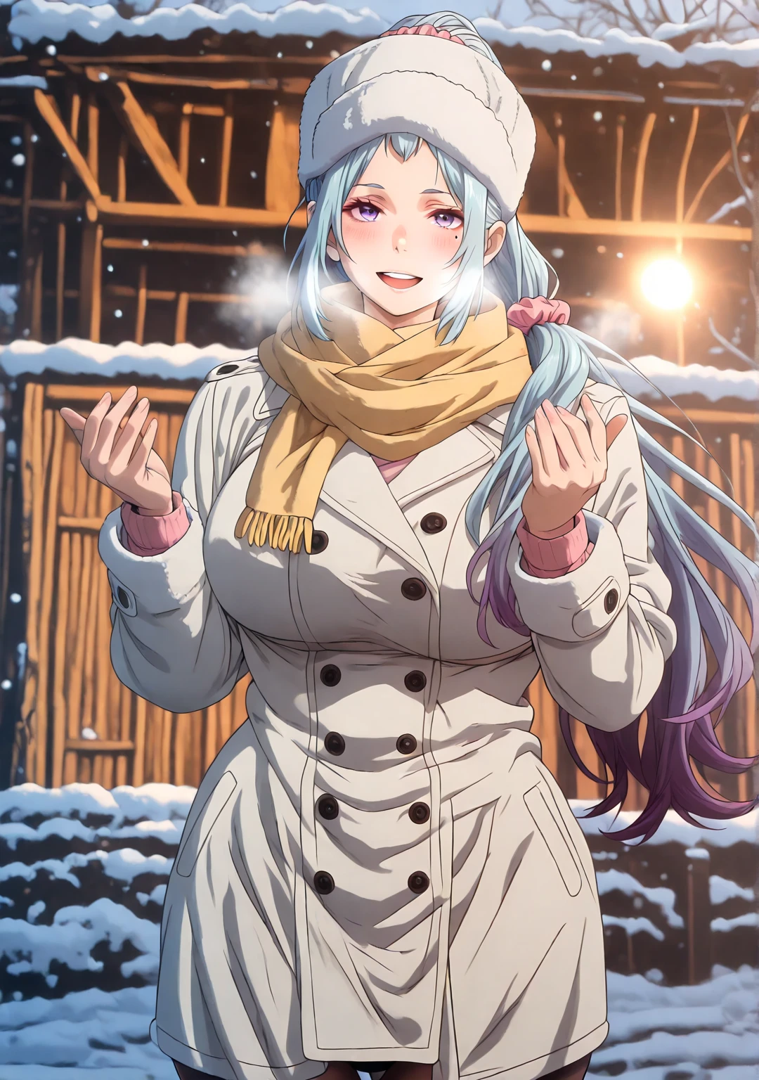 Manhwa, L_Cation2, babu-style, Hgk, (jeneral-style:1.2), (butcha-u-style:1.2), (gin_moku-style:1.3), (toi8-style:1.4), ((anime coloring, anime screencap)), shiny skin, Hand drawn, cinematic, Sharp focus, humorous illustration, big depth of field,(cellulite:1.2) Masterpiece, ((backlighting)), concept art, trending on artstation, Vivid colors, Simplified style, trending on ArtStation, trending on CGSociety, Intricate, Vibrant colors, Soft Shading, Simplistic Features, Sharp Angles, Playful, (voluptuous body:1.4), (mature female:1.4), ((anatomical correct)), perfect body, perfect eyes, perfect fingers, gasping, heavy breathing, gasping profusely, ((skindentation)), ((curvy, thigh gap)),, high ponytail, long hair, multicolored hair, light blue hair, purple hair, purple eyes, mole under eye, hair scrunchie, pink scrunchie, plump, 1girl, scarf, solo, hat, smile, coat, chromatic_aberration, blush, breasts, facing_viewer, white_coat, pantyhose, winter_clothes, long_sleeves, yellow_scarf, outdoors, buttons, blurry, hands_up, fur_hat, blurry_background, white_headwear, open_mouth, cold, breeze 