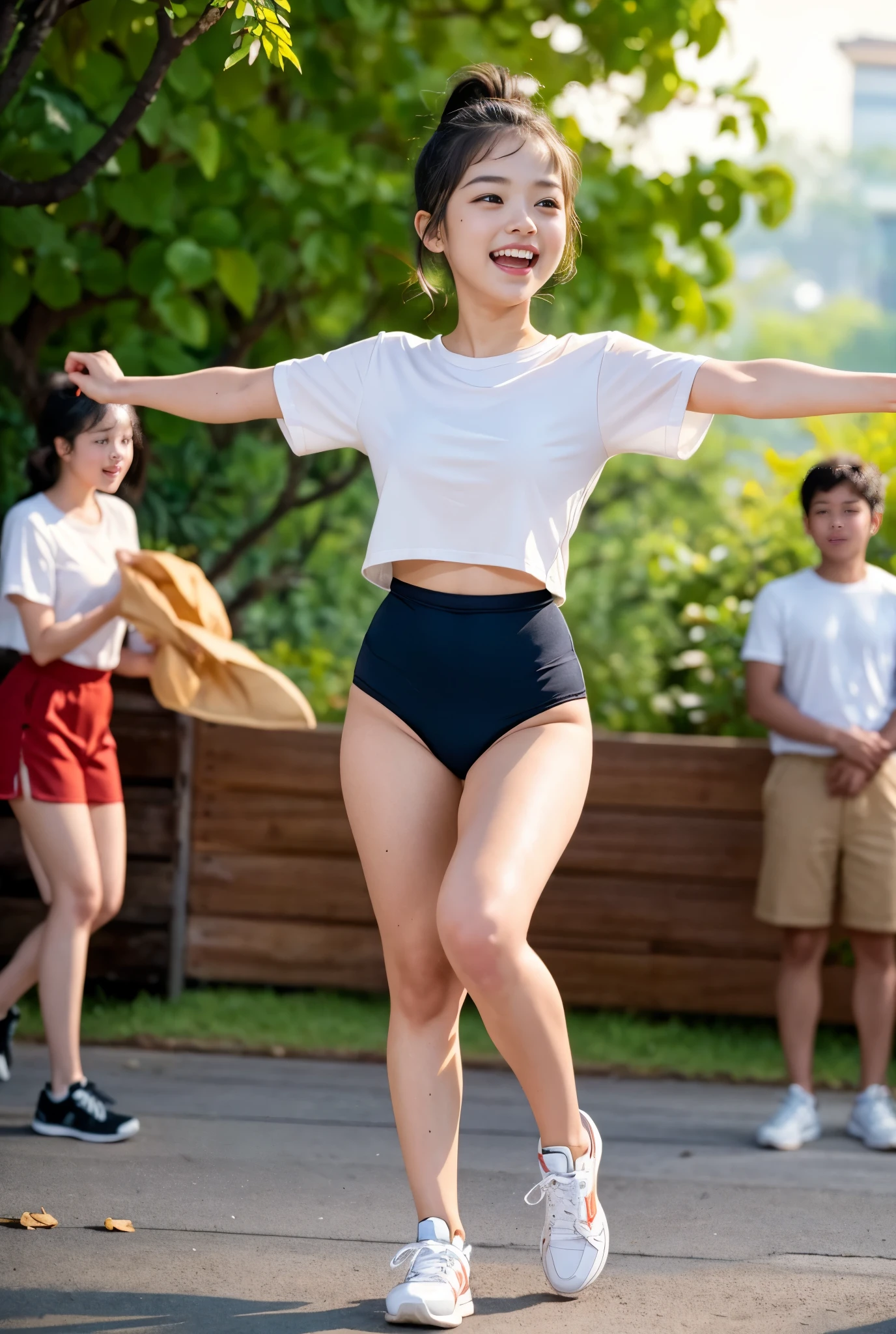 (masterpiece, highest quality),masterpiece, best quality, ultra detailed, cinematic lighting, golden hour sunset, nostalgic and energetic atmosphere,
a cheerful black-haired cute girl with a high ponytail runs at the front of her friends, holding a thin and long wooden branch like a sword,
her expression bright and fearless, laughing as she leads the charge, wind through her hair,
wearing a white blouse with rolled-up sleeves ,black gymnastics bloomers,high leg, sneakers, the hem fluttering with motion,
behind her, her childhood friends chase after her, laughing joyfully, forming a lively diagonal composition full of movement,
dust and golden light swirl around their feet, creating trails of motion,
old wooden houses and utility poles line the street, illuminated by warm sunset tones,
leaves scatter in the wind, emphasizing the speed and freedom,
the thin branch catches the sunlight like a glimmering line,
the whole scene radiates youthful energy and pure joy — the essence of the golden age of childhood.wearing a black gymnastics bloomers,high leg,