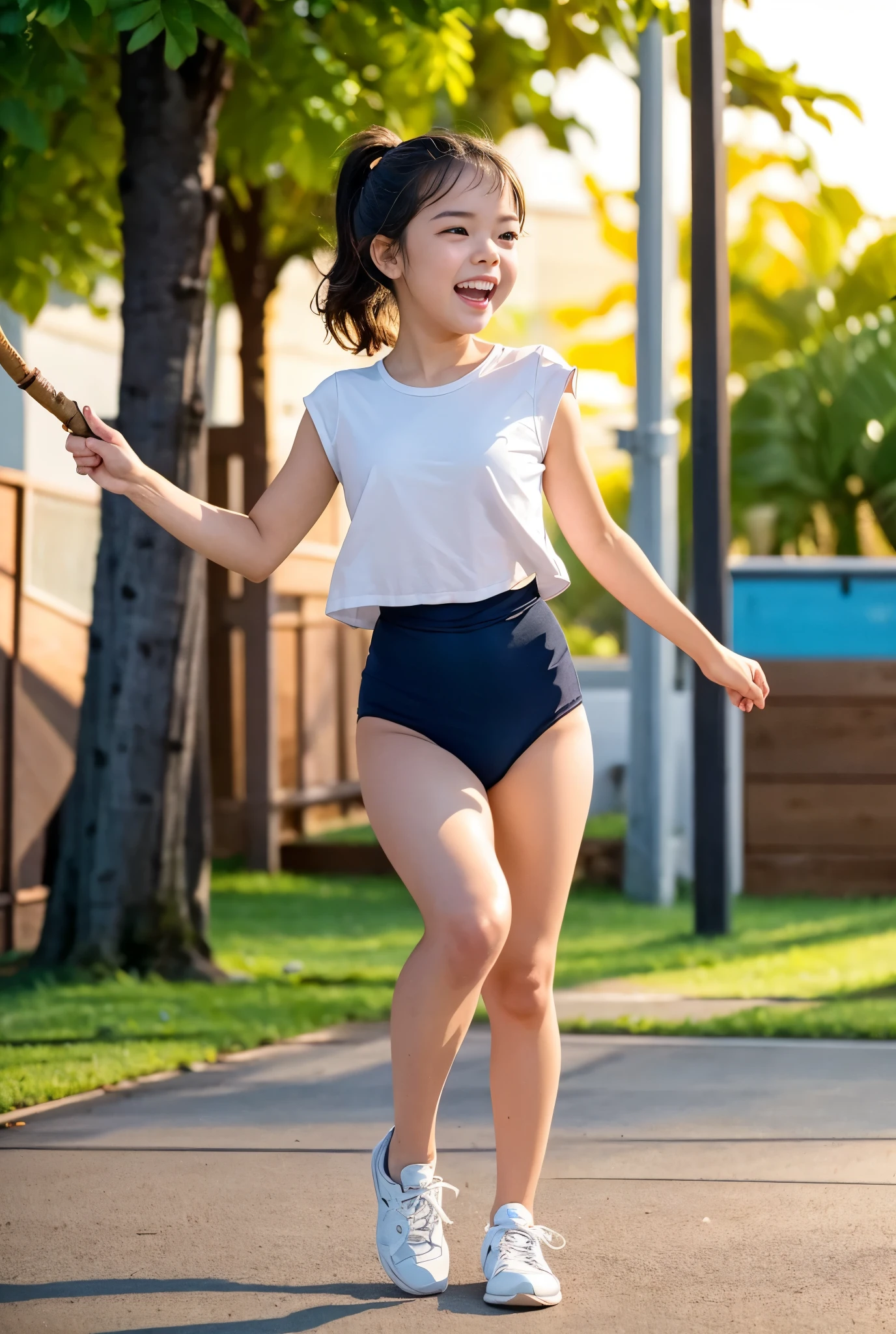 (masterpiece, highest quality),masterpiece, best quality, ultra detailed, cinematic lighting, golden hour sunset, nostalgic and energetic atmosphere,
a cheerful black-haired cute girl with a high ponytail runs at the front of her friends, holding a thin and long wooden branch like a sword,
her expression bright and fearless, laughing as she leads the charge, wind through her hair,
wearing a white blouse with rolled-up sleeves ,black gymnastics bloomers,high leg, sneakers, the hem fluttering with motion,
behind her, her childhood friends chase after her, laughing joyfully, forming a lively diagonal composition full of movement,
dust and golden light swirl around their feet, creating trails of motion,
old wooden houses and utility poles line the street, illuminated by warm sunset tones,
leaves scatter in the wind, emphasizing the speed and freedom,
the thin branch catches the sunlight like a glimmering line,
the whole scene radiates youthful energy and pure joy — the essence of the golden age of childhood.wearing a black gymnastics bloomers,high leg,