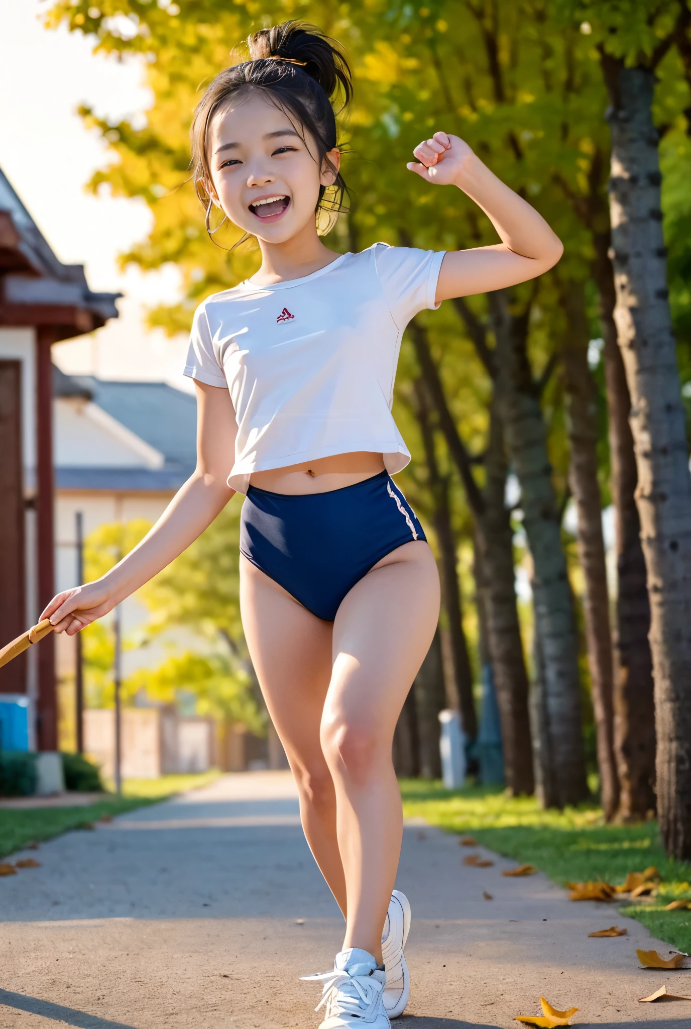 (masterpiece, highest quality),masterpiece, best quality, ultra detailed, cinematic lighting, golden hour sunset, nostalgic and energetic atmosphere,
a cheerful black-haired cute girl with a high ponytail runs at the front of her friends, holding a thin and long wooden branch like a sword,
her expression bright and fearless, laughing as she leads the charge, wind through her hair,
wearing a white blouse with rolled-up sleeves ,black gymnastics bloomers,high leg, sneakers, the hem fluttering with motion,
behind her, her childhood friends chase after her, laughing joyfully, forming a lively diagonal composition full of movement,
dust and golden light swirl around their feet, creating trails of motion,
old wooden houses and utility poles line the street, illuminated by warm sunset tones,
leaves scatter in the wind, emphasizing the speed and freedom,
the thin branch catches the sunlight like a glimmering line,
the whole scene radiates youthful energy and pure joy — the essence of the golden age of childhood.wearing a black gymnastics bloomers,high leg,