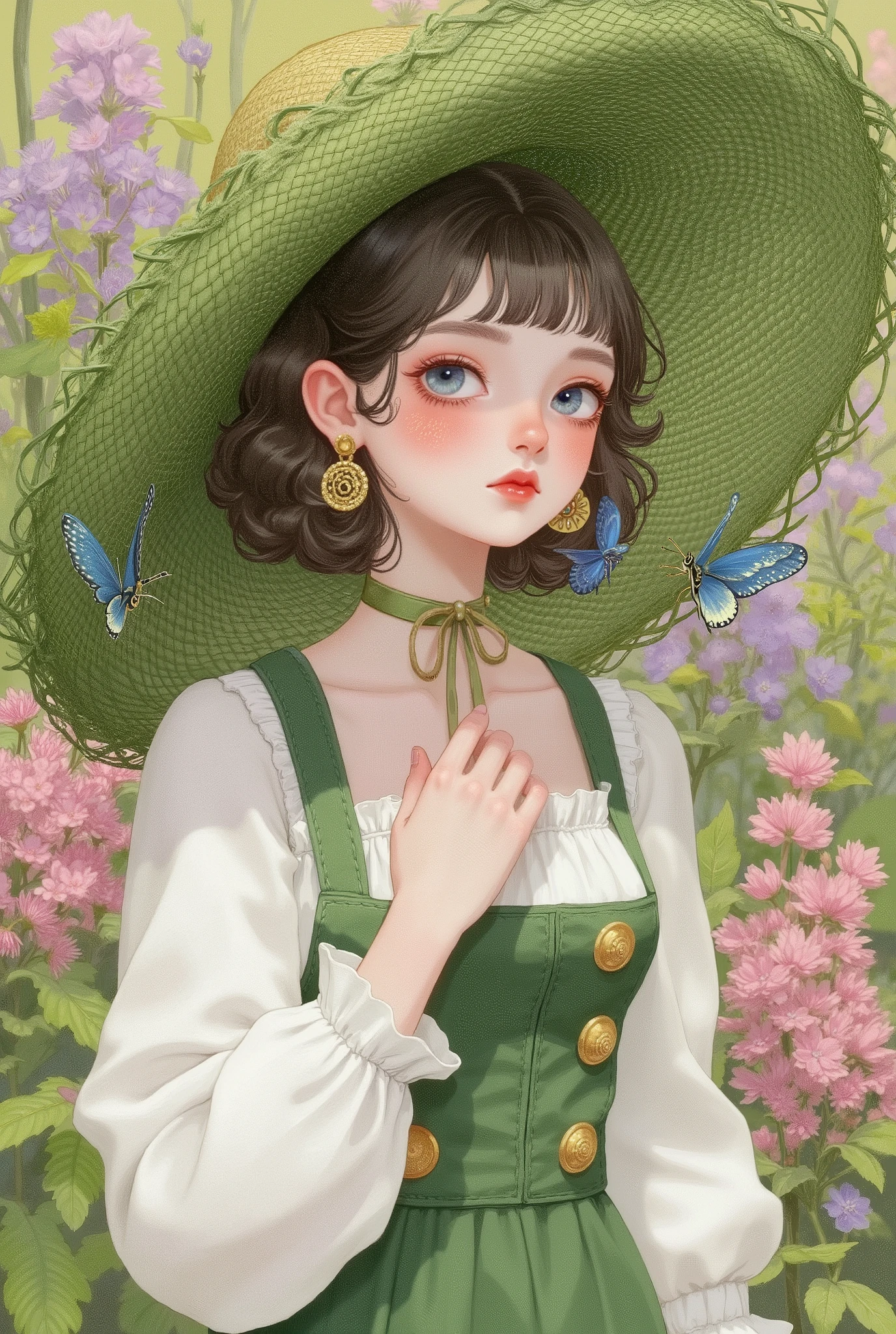 Anime pastoral illustration with retro texture, a young girl with icy blue eyes and delicate highlights, natural blush, short wavy dark brown hair, wearing an oversized green woven wide-brimmed hat with a yellow decorative band. She is dressed in a retro pastoral outfit: a white ruffled stand-up collar blouse paired with a green overall dress (adorned with golden spiral buttons on the skirt and golden straps at the cuffs), complemented by golden flower-shaped earrings inlaid with blue stones and a green small flower choker. Two exquisitely detailed blue morpho butterflies (with clear wing textures) rest near her shoulder and hat brim. The background is a fresh forest flower cluster scene, featuring pink and purple small flowers and green plants, with soft and natural tones. Exquisite texture depiction (such as the weaving texture of the straw hat and the fabric texture of the clothing), warm light and shadow processing, color matching combining retro and freshness, pastoral anime illustration style, ultra HD, intricate details.