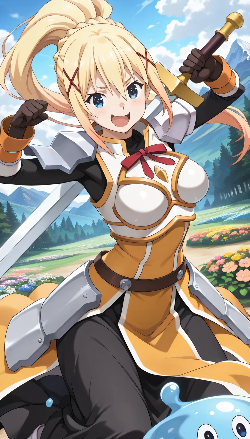 {{{masterpiece}}}, (best quality:1.5), (ultra-detailed:1.5), {illustration}, {{an extremely delicate and beautiful}}, (beautiful detailed eyes:1.3), absurdres, highres, extremely detailed face, 16k, hd, visual anime de uma jovem mulher, extremamente bonito rosto de anime, anime melhor garota, (perfect hands, perfect ), anime face, darkness (konosuba), aadarkness, 1girl, solo, cute face, long hair, blonde hair, braid, ponytail, x hair ornament, bangs, sidelocks, blue eyes, square face, round chin, tall of a person, , , big , curvaceous, BREAK, armored dress, white armor, breastplate, shoulder armor, pauldrons, yellow dress, red ribbon, wrist guards, black gloves, brown belt, black skirt, (long skirt:1.2), (yellow pelvic curtain:1.2), yellow loincloth, long waist armor, white boots, BREAK, surrounded by slime, hagurin, no humans,no_legs, :D,slime \(creature\), solo, open mouth, smiling, expression, drool, , fighting stance, duel, clash, weapon, 1 sword, (long sword:1.1), holding, (hold a sword:1.2), with sword in hand, hair floating, messy hair, flushed cheeks, looking at viewer, outdoor, mountain, forest, flower garden, (cute gestures:1.2), dynamic pose, dynamic angle, mysterious, fluttering skirt, medium close-up shot, particles of light, cowboy shot, (dynamic angle:1.3)