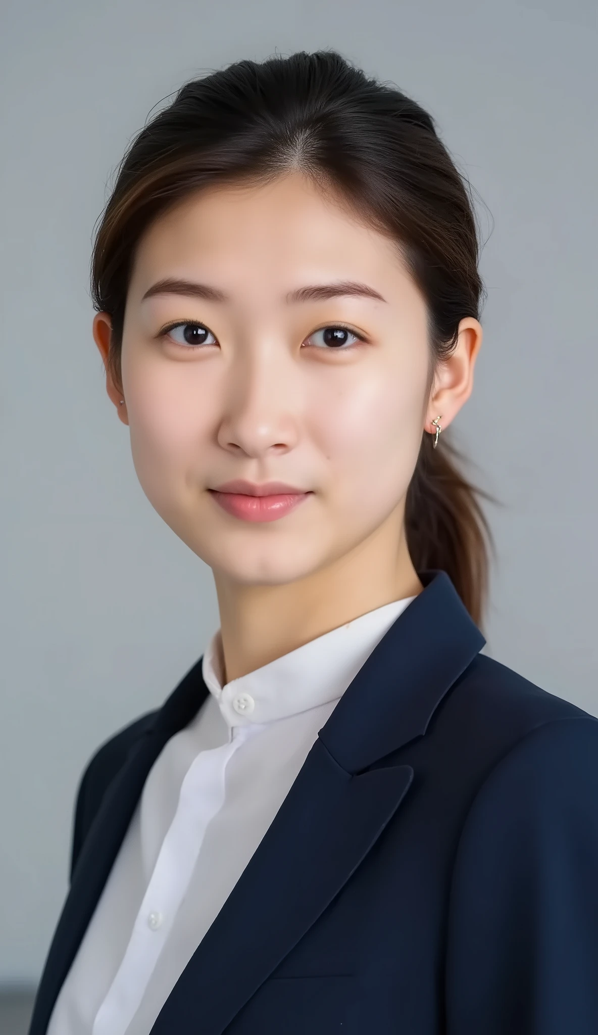 Passport photo of a neat young woman、facing directly、camera list、office lady suit、jacket、shirt、、髪型ショートボブ、、ear piercings、、No expression、has closed its mouth、face close-up、grey background