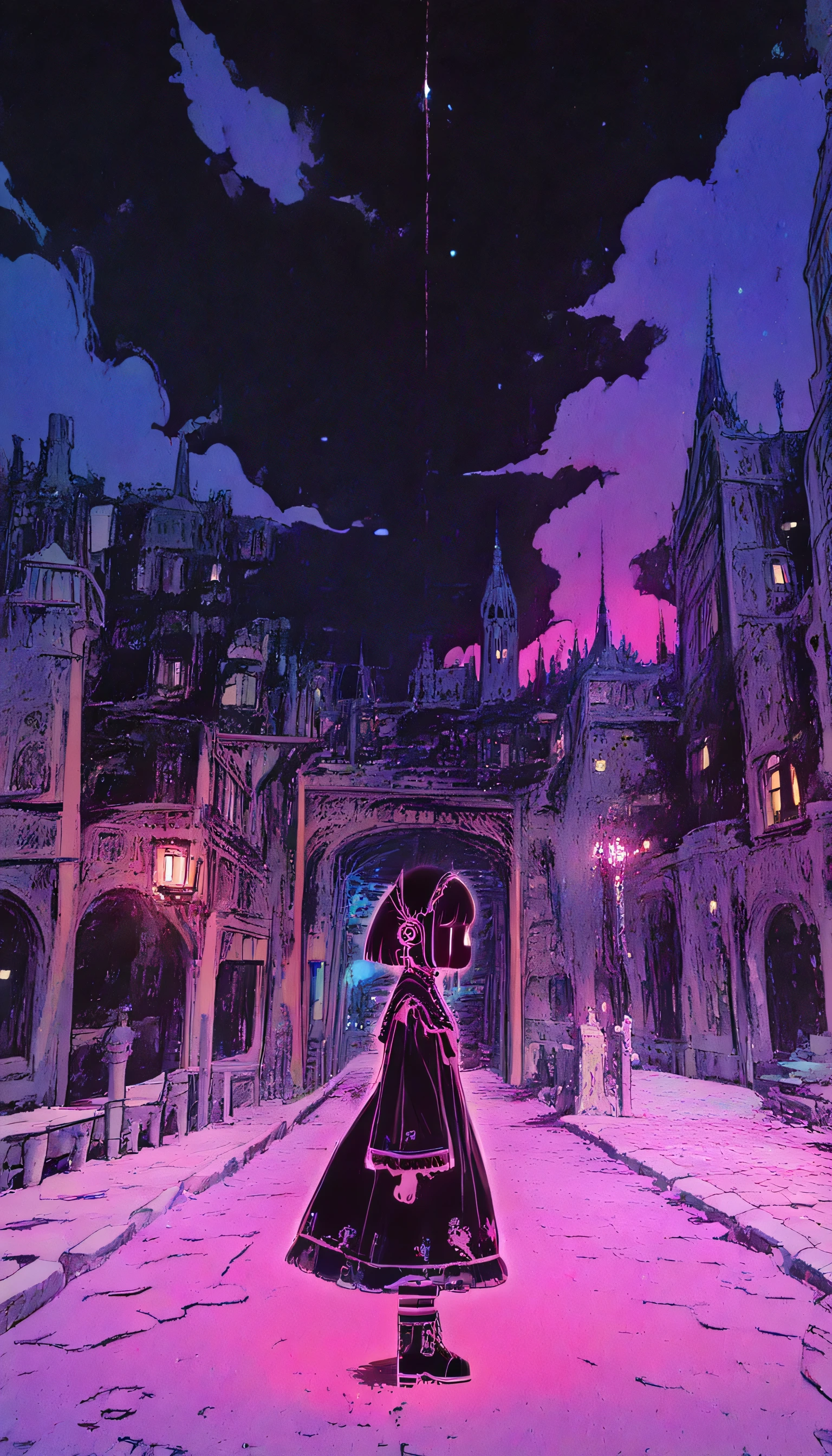 (The painting the woman is drawing shows women in elegant medieval Gothic Lolita-style clothing, men in aristocratic clothing and cloaks, and a band of musicians parading down the cobblestone streets.),masterpiece, Highest quality, Ultra-high resolution,rich contrast,super high quality,8k,Highly detailed CG unit wallpaper,texture,Incredibly absurd,Ultra-high resolution,RAW Photos,As born,night,Moonlit Ocean,(glowing pink outline:1.3),(large size painting:1.3),ancient capital of europe,gothic architecture,Set-Flat-Style,flat color,vector style,clean lines,colorful background,sky