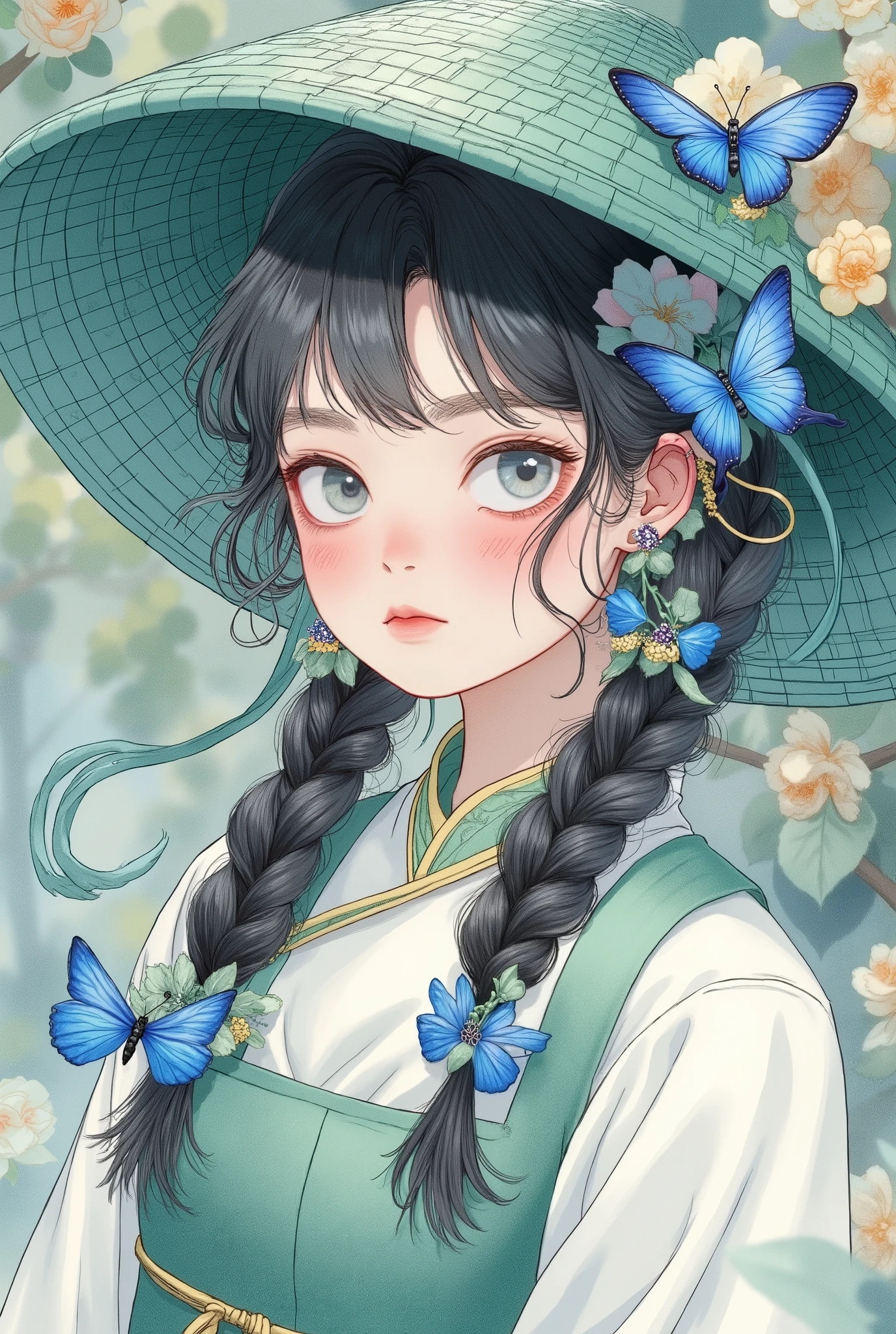 Anime illustration with Chinese art style and delicate gongbi texture, a young girl with icy blue eyes and transparent highlights, natural blush, black double braids with bangs, wearing an oversized green woven wide-brimmed hat. She is dressed in a outfit with Chinese elements (white stand-up collar top + green strap with floral decorations), paired with blue flower-shaped earrings. A detailed blue morpho butterfly is on the hat top and another on the face. The background is a fresh natural scene, integrated into the elegant atmosphere of Chinese style illustration, with soft and fresh tones. Exquisite line drawing (such as hair strands and woven hat texture), soft color blending, transparent light and shadow effects, illustration style combining Chinese style and anime, ultra HD, intricate details.