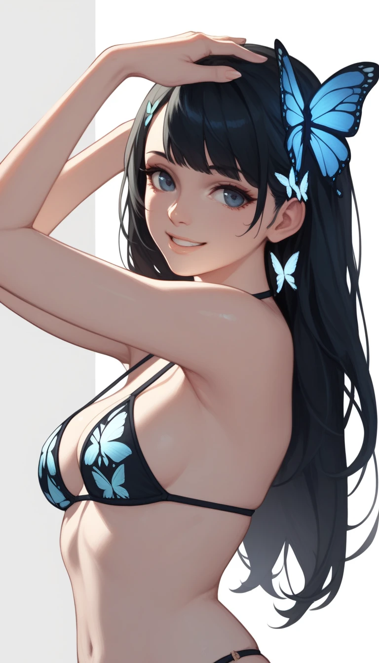 ((top-quality、8K、​masterpiece:1.3))、foco nítido:1.2、Beautiful woman with perfect body shape:1.4、Beautiful face、Beautiful expression、Evil smile、blush:1.5、Highly detailed facial and skin texture、A detailed eye、1 girl, Solo, ???? Pose、foco nítido:1.2),Black hair、High Ponytail、Blunt bangs、abdominals、The navel is visible、eye glass、(mesh clothing:1.2、body suit)