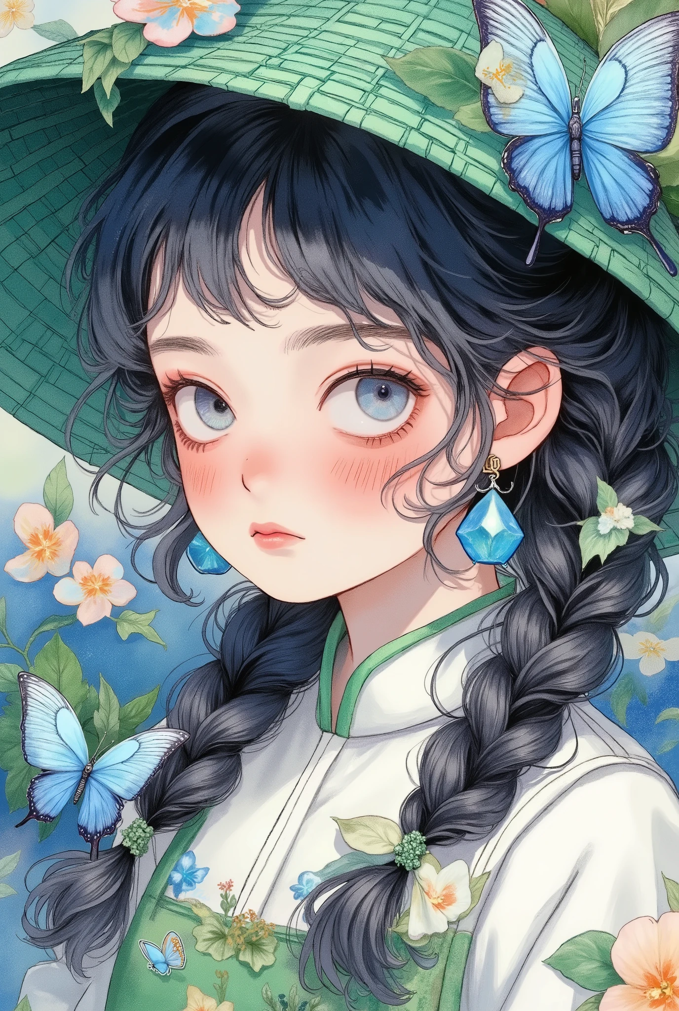 Anime illustration with Chinese art style and delicate gongbi texture, a young girl with icy blue eyes and transparent highlights, natural blush, black double braids with bangs, wearing an oversized green woven wide-brimmed hat. She is dressed in a outfit with Chinese elements (white stand-up collar top + green strap with floral decorations), paired with blue flower-shaped earrings. A detailed blue morpho butterfly is on the hat top and another on the face. The background is a fresh natural scene, integrated into the elegant atmosphere of Chinese style illustration, with soft and fresh tones. Exquisite line drawing (such as hair strands and woven hat texture), soft color blending, transparent light and shadow effects, illustration style combining Chinese style and anime, ultra HD, intricate details.