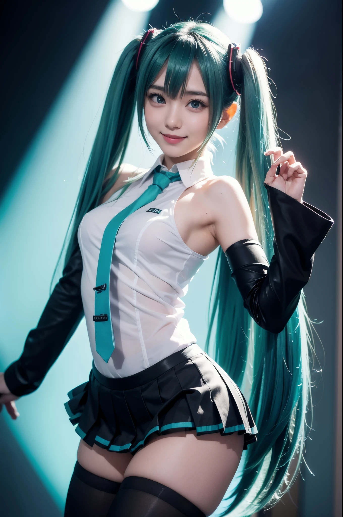 Best quality, 8k, 32k, Masterpiece, photorealistic image, beautiful face, perfect face, highly detailed beautiful face and eyes, attractive face, (detailed skin:1.2, skin blemish:0.5), real human skin, perfect skin,
cowboy shot, Booty pose, nice pose, sexy pose, active pose,
1girl, (ultra cute kawaii, solo:1.2), Cute japanese girl, 17 years old, looking at viewer, beautiful breasts, small breasts, beautiful breasts, skinny body, moderate waist, 
hatsune miku, cute smile,
absurdly long hair, aqua hair, twintails, hair ornament, sidelocks, hair between eyes, parted bangs, aqua eyes,
white shirt,collared shirt,bare shoulders,sleeveless shirt,aqua necktie,detached sleeves,black sleeves,shoulder tattoo,fringe,black thighhighs,miniskirt,pleated skirt,zettai ryouiki,thigh boots, naked clothes, sheer clothes, striped pattern pa,nties,
in the live house, on stage, 