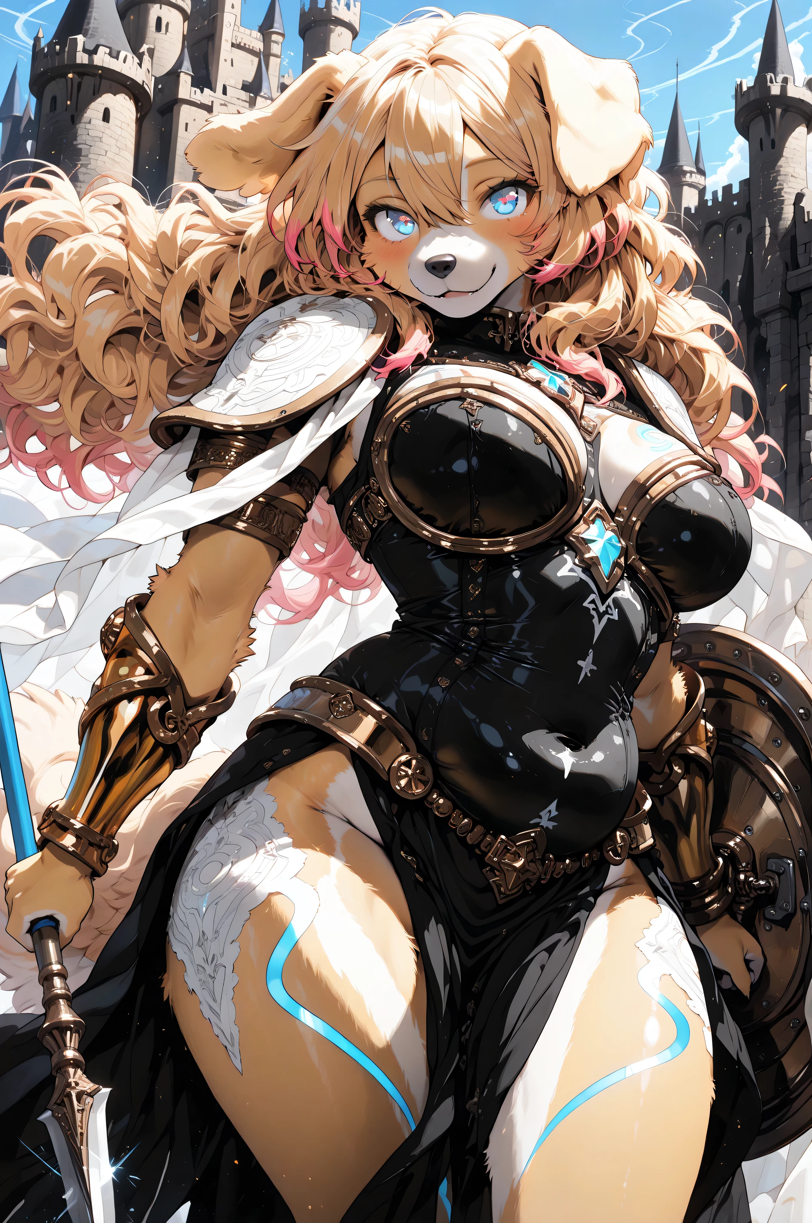 score_9, score_8_up, score_7_up, score_6_up, score_5_up, score_4_up, source_furry, (masterpiece, best quality, amazing quality, is very aesthetic, high resolution, ultra-detailed, newest ,cinematic, amazing quality, is very aesthetic,masterpiece, best quality, newest, contrasting light, very detailed, excellent quality, very detailed), ((furry golden retriever dog female women, redhead skin with white patterns along the body, white patterns lines on the body, white patterns on the body, The belly is black, black belly, long golden fluffy hair in the wind with pink tips, cute, cute, seductive, attractive, white neon patterns on the body, Charming blue eyes:1.2)), (( Dressed as a powerful golden guardsman with a shield and spear, The golden powerful armor is smooth, stands against the background of the castle, an epic pose)),wondrous seductive attractive pose, aesthetics, pleasant tones, cutie
