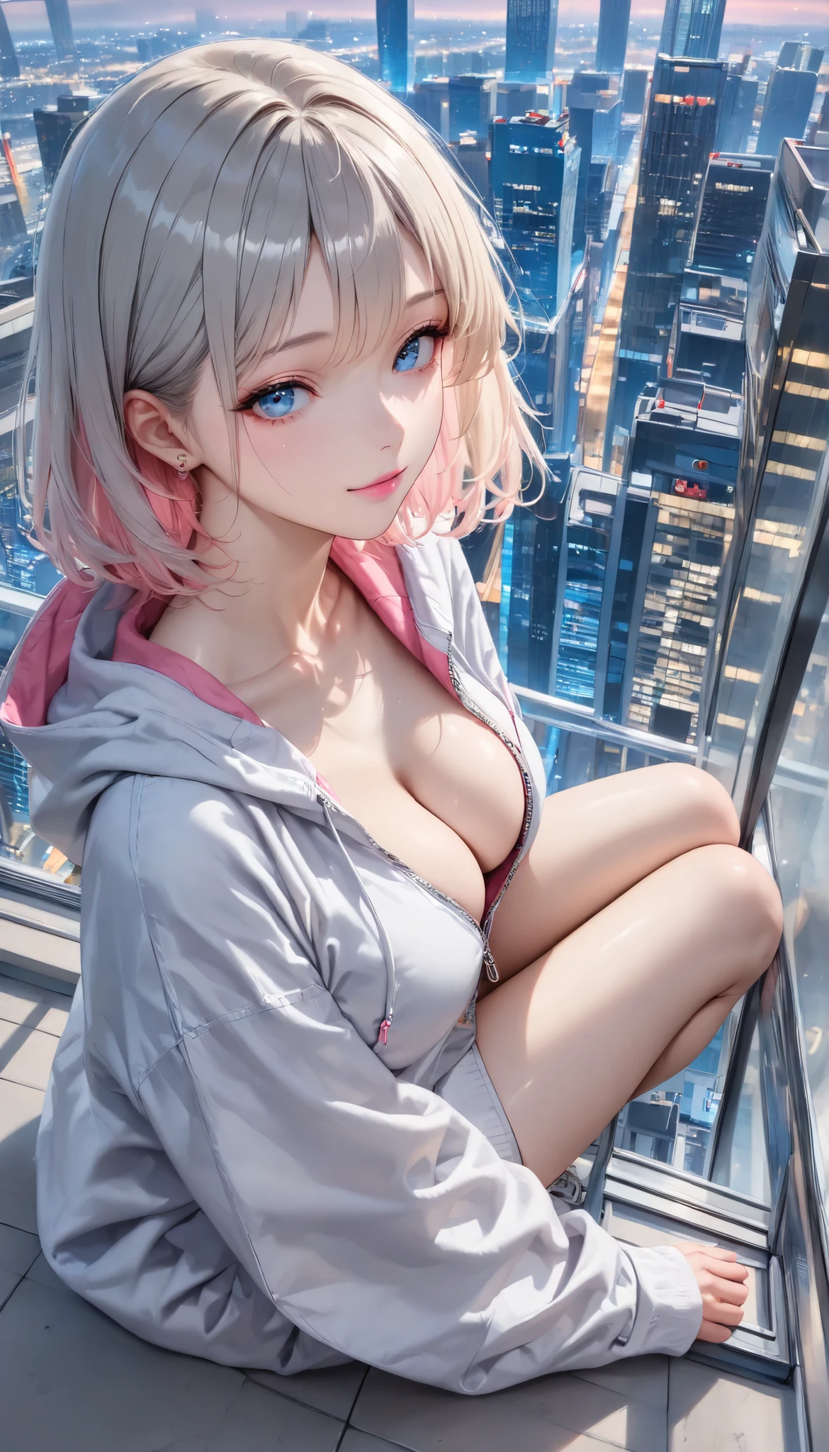 ((close up, Viewer perspective, very detailed CG, very detailed)) A girl sitting on the window ledge of a skyscraper's exterior wall. A side view of her profile as she gazes blankly down at the city lights, a photograph capturing her contemplative state at twilight. The city's reflected glow casts a dim light, stretching her shadow long. She wears a hoodie loosely over bare skin, the zipper half-open revealing a hint of cleavage. Apply a dreamlike filter; capture a photo that feels real yet emotionally charged).((Portrait)), A woman in white clothing,((Hoodie over bare skin)),Gwise-style work, gwise masterpiece , Detailed digital anime art, White-blonde girl, gray hair, pink Inner Color, sky-blue eyes, pink lips, cleavage, rooftop of a city building, ((Late night: 1.3)), (Side view, shot from below, full body)
