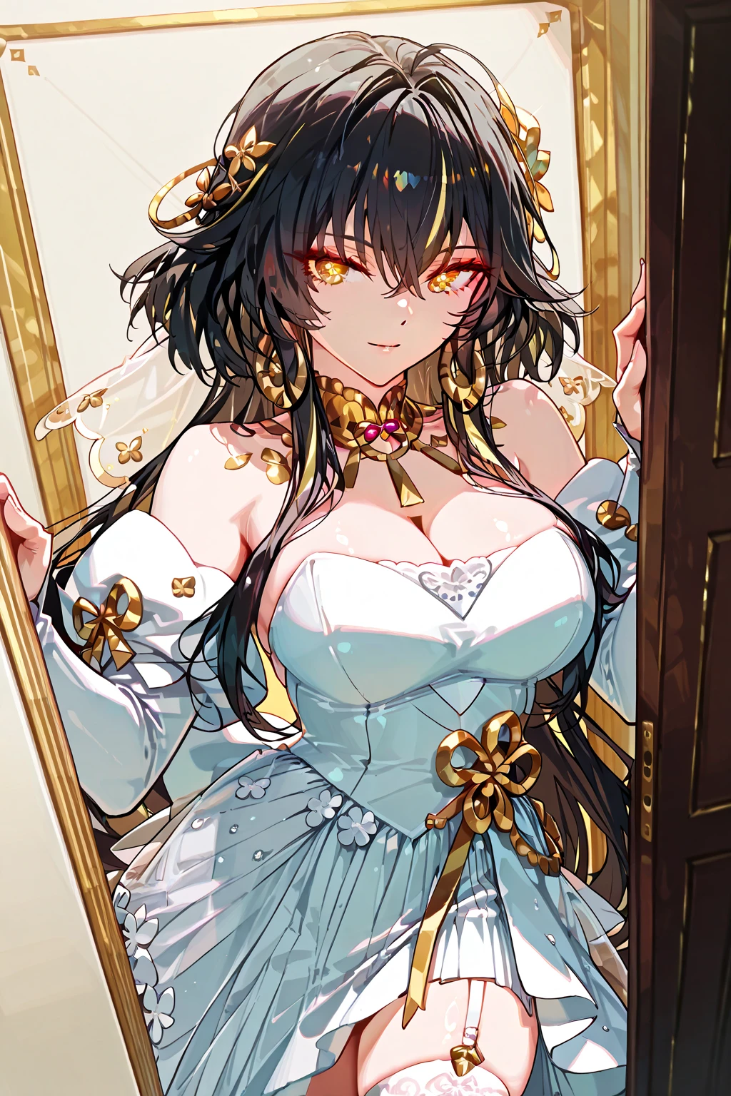 ((anime artstyle)),(Masterpiece),(Best Quality),(Super Detail),(Very Delicate and Beautiful),Solo,((full body)),((BlingBling)),((1 arrogant princess in beautiful embroidery black and gold gorgeous rococo ballgown with voluminous full length hoop skirt)),((crinoline)),((standing in flower garden)),outdoor,gorgeousfull embroidery,Long train,((arrogant,haughty)),(((arrogant smile))),Sharp eyes,(holding a luxurious scepter),(gorgeous gemstone jewelry),detailed face and eyes,jewel-like eyes,Purple eyes,(Bangs between eyes),((large amount of straight hair,extremely Long voluminous black Hair)),((gigantic tits,Long tits)),gorgeousfull embroidery,cleavage,extremely gorgeousfull hair ornament,(bling-bling extremely gorgeousfull jeweled tiara),gorgeous corsage,(Dynamic Angle),Looking at viewer,((full body)),outdoor,flowers,((beautiful embroidery and glitter jeweled black and gold gorgeous rococo ballgown with voluminous full length hoop skirt))