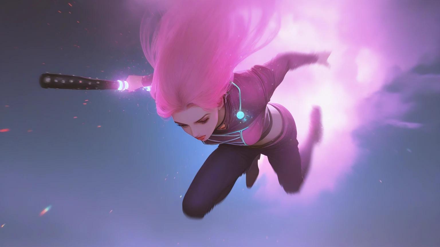 Cyberpunk, Pink Hair, Futurism, Surreal, Ultra wide angle, Wide-angle lens, look up, Dynamic Movement, Expressive, Full of energy, The Sacred Edge, Laser holographic images
