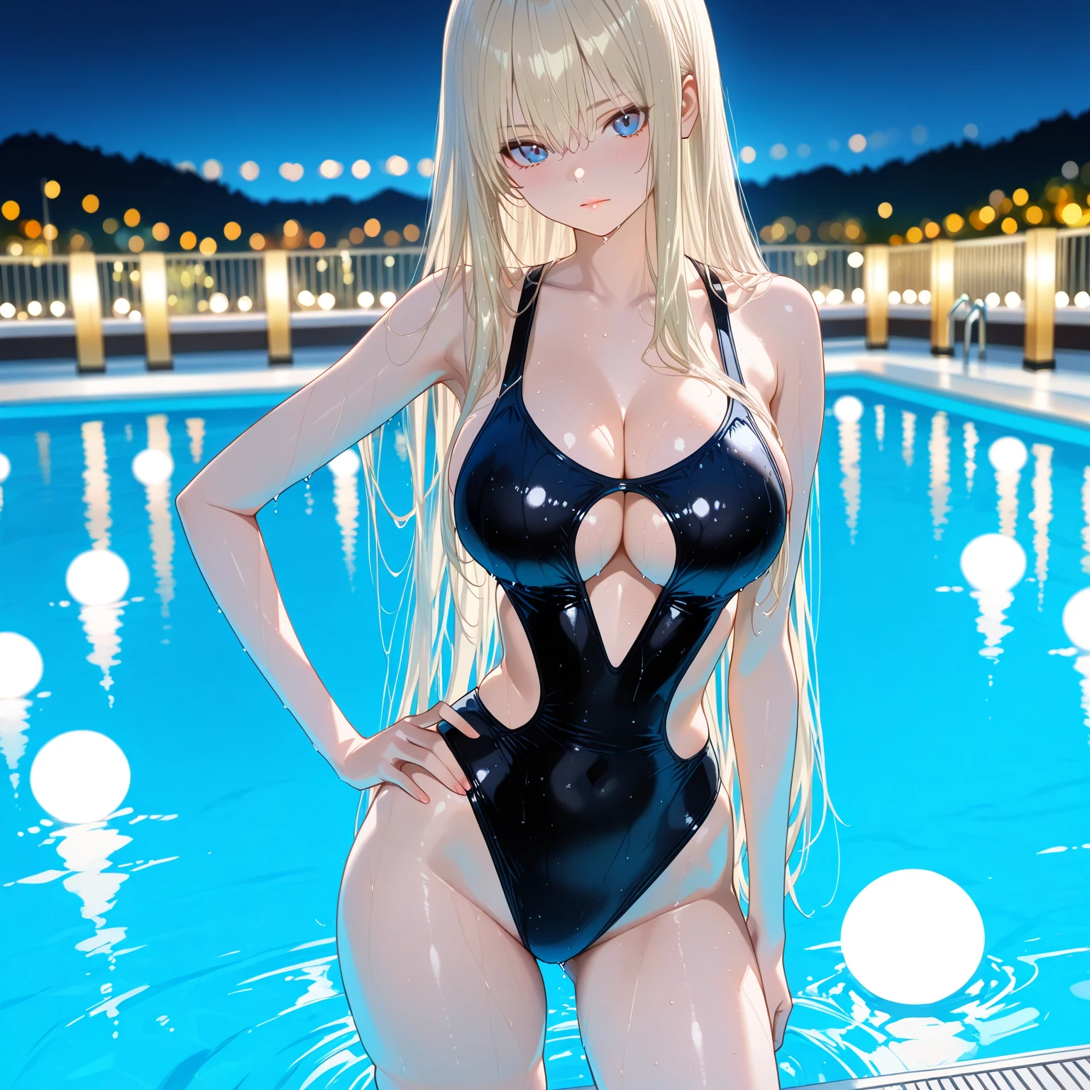 ((Best Quality)), (ultra-detailliert), ((Extremely detailed)), (Beautiful), ((Kawaii Girl)),  ((nffsw)), (masutepiece), (High quality), (Best Quality), (4K), (High quality), 1, Solo Girl, 1girl in, ((platinum-blonde-hair)), Parted bangs, ((Hair intake)), Long hair, (Her hair is long and up on both sides..), ((Jade-colored eyes)), slanted eye, Large breasts, Slender body, latex black competition swimsuit, Pool Background, (Blue sky:1.3), Solar, Sunlight, Anime, ;D