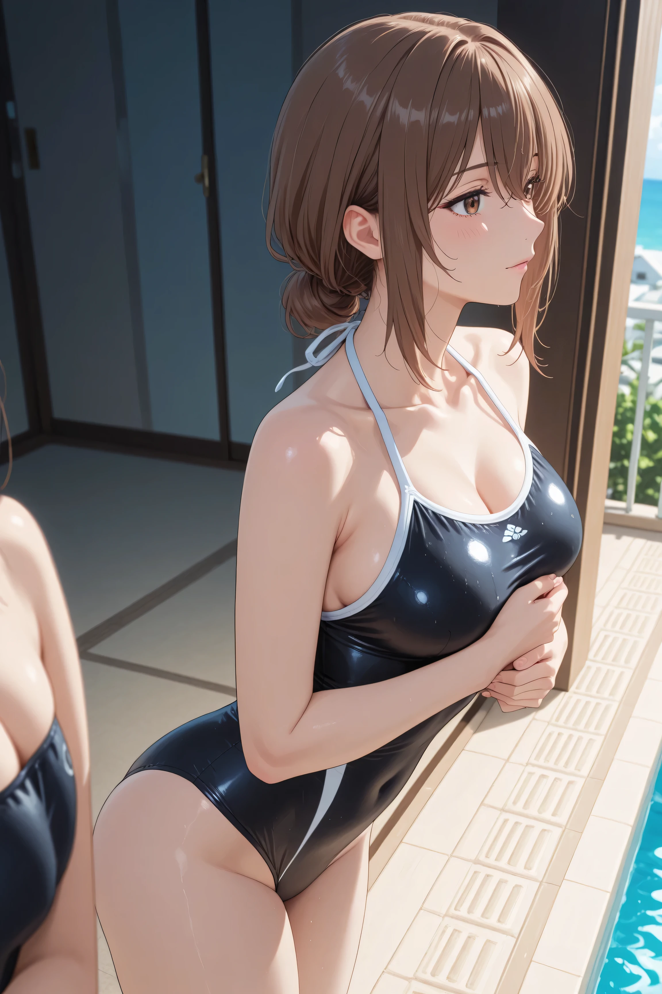 While basking in the morning sun on the balcony of a、Japanese woman with medium brown hair、while basking in the morning sun on the Balcony of a luxury resort hotel、Balcony、Kiss me deeply、women and men、高級リゾートホテルのBalconyで朝の太陽を浴びながら、A Japanese woman with medium brown hair wearing a swimsuit、wearing a black and white swimsuit hugging a man in a swimsuit violently