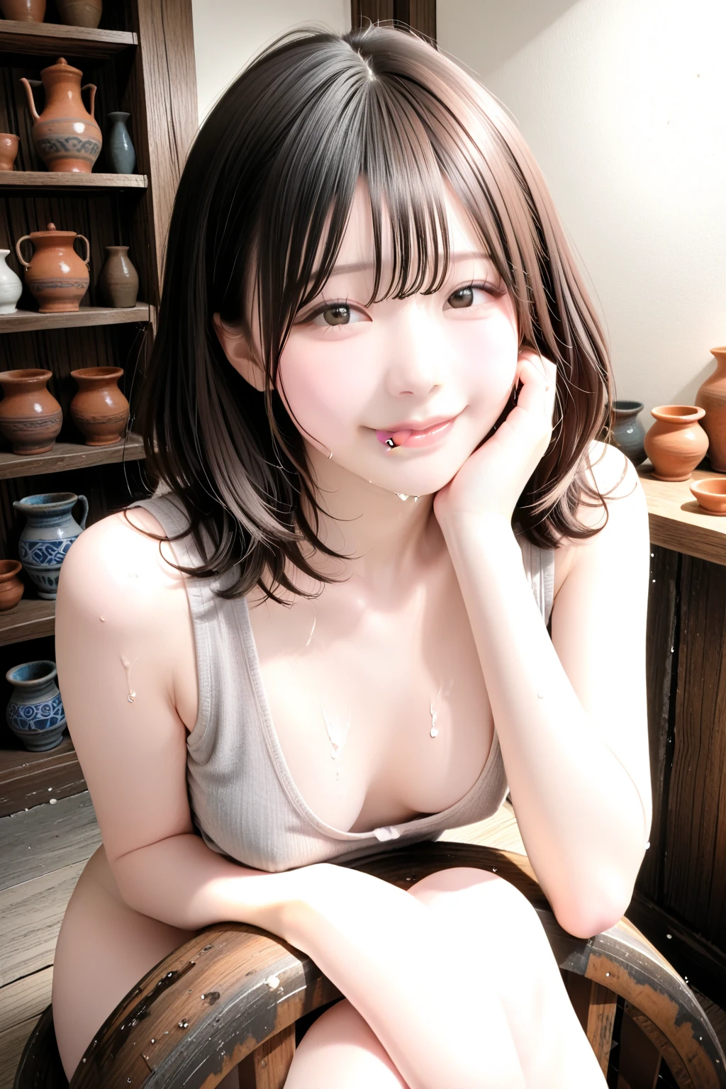 ((masterpiece)), ((best quality)), (ultra-detailed), ((kawaii)), cute, (lovely), ((sexy)), (), ((extremely detailed)), 4K, (8K), best quality, (beautiful), anime style, (((looking from below))), character focus, bath, 1girl, solo, cute girl, (()), (hyper cute face), beautiful light brown hair, beautiful black eyes, ((beautiful eyes)), large breast, ashamed, blush, steam effect, (((female , , ))), shiny-glistening, gleaming, wetted by water