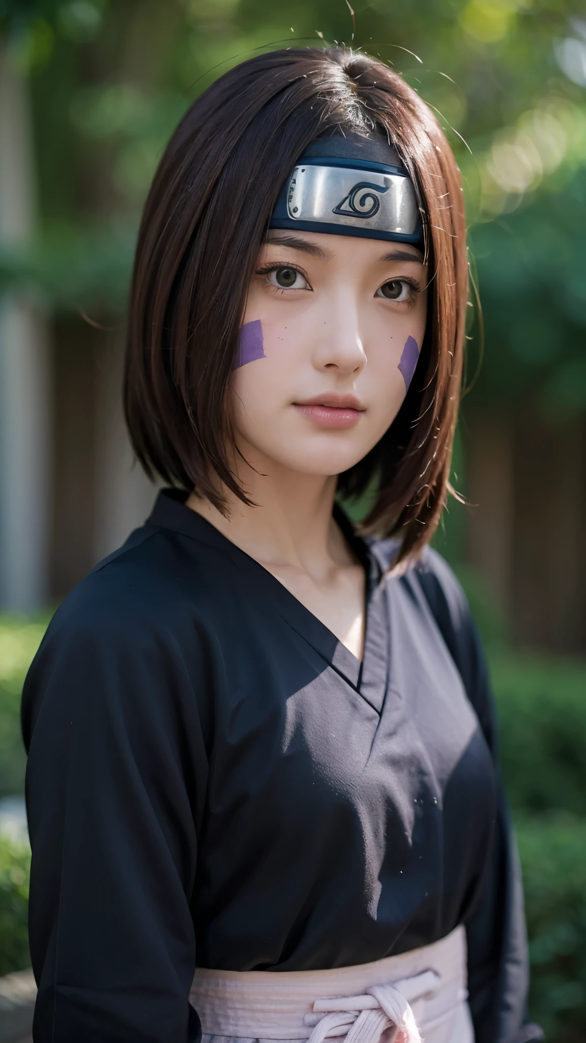 Rin Nohara from Naruto Shippuden in a real-world version, with a Japanese-style face, appearing like a living human. A half-body portrait in Ultra HD quality, ultra realistic, and super detailed. Natural skin texture, lively eyes with soft light reflections, brown hair with highly detailed strands, a gentle and friendly expression, and realistic purple marks on the cheeks. Ninja medical outfit with real fabric texture, cinematic lighting, soft shadows, shallow depth of field, and the feel of a highly lifelike professional portrait photo