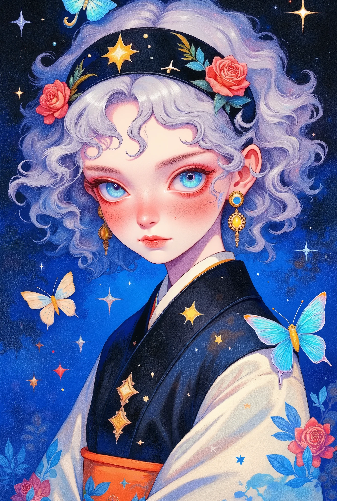 Main style: Anime-style Japanese illustration , Ukiyo-e style , Dreamy starry sky color scheme , High detail depiction
Character features :portrait of a young woman, Ice-blue gradient eyes ( with delicate highlights ),natural blush, Silver-gray long curly hair , Wearing black gemstone headband (缀有粉色Rose、Blue floral and leaf motifs ), Wearing black and white Japanese-style clothing (Black placket + white kimono, Starry sky on the dress 、 Ink wash style floral pattern , Orange belt embellishment ), Wearing starry sky blue stone earrings 、 Gold hoop earrings
Animal elements :Blue shining butterfly、(embellished with starlight), Distributed in the background and around the clothing
Background environment: Deep blue starry sky background ,embellished with starlight、Rose, Creating a dreamy Japanese-style atmosphere
Artistic techniques : Delicate lines (Such as hair、Kimono texture), Ink wash style color blending , Translucent starlight effect , Illustration style combining Japanese style and anime