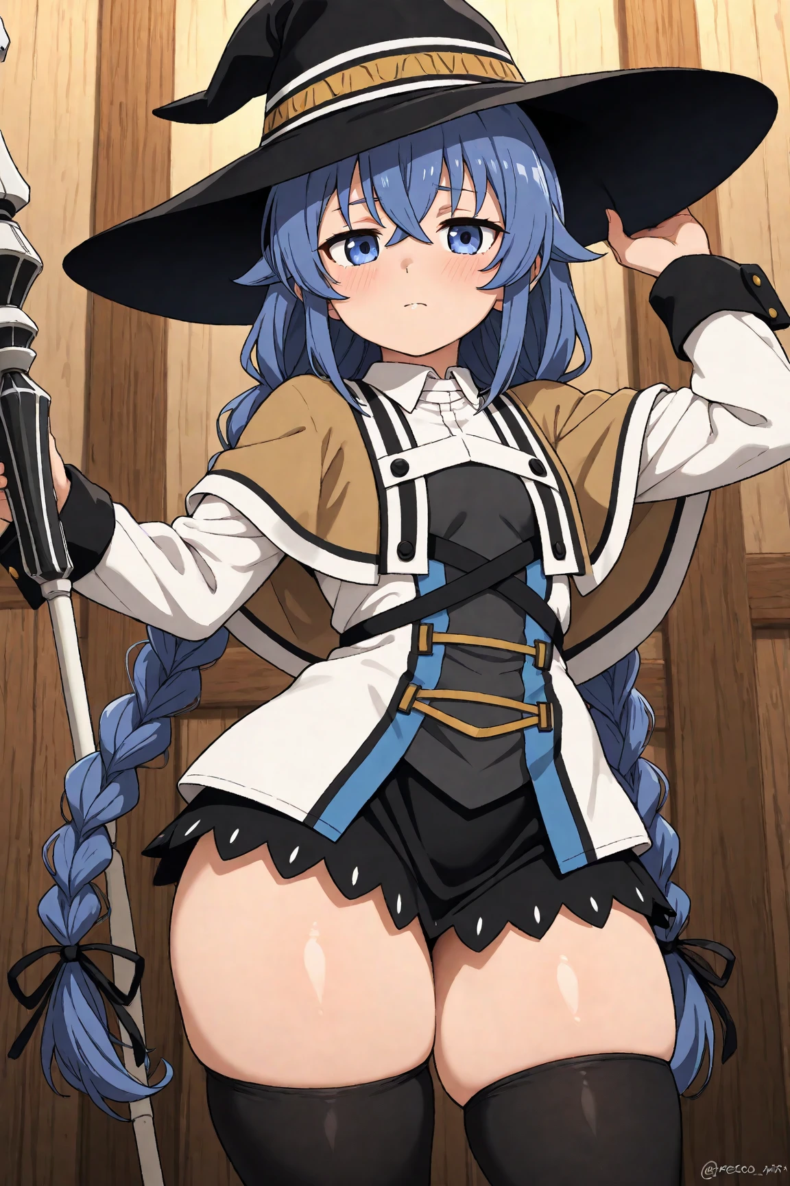 score_9, score_8_up, score_7_up, score_6_up, source anime, BREAK 
<lora:roxy_migurdia:1> yxorpnxl, roxy migurdia, 1girl, solo, hat, underwear, witch hat, panties, long hair, white panties, holding, boots, looking at viewer, staff, white footwear, hair between eyes, blush, skirt, very long hair, pantyshot, holding staff, smile, closed mouth, crossed bangs, cape, black headwear, shirt, brown cape, long sleeves, on one knee, black skirt, capelet