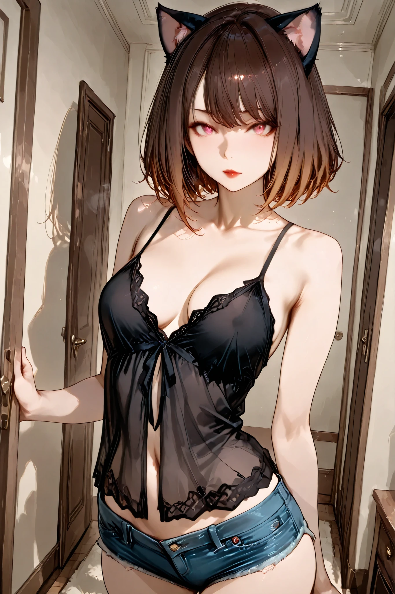 Masterpiece, best quality, ultra-detailed, 8k, rich-contrast.
A gothic-influenced catgirl, feminine curves, beautiful decollete, softly shining skin, collarbone-length chestnut-brown hair with smooth, beautiful eyes, delicate red lips, cat ears matching hair color.
She wears a bratop, denim mini shorts.
On a private room, sweet atmosphere, balanced-exposed and soft shadows,
standing beside the bed, provocative posture, softly glancing at the viewer with innocent allure.
Intimate medium shot, slightly low angle.