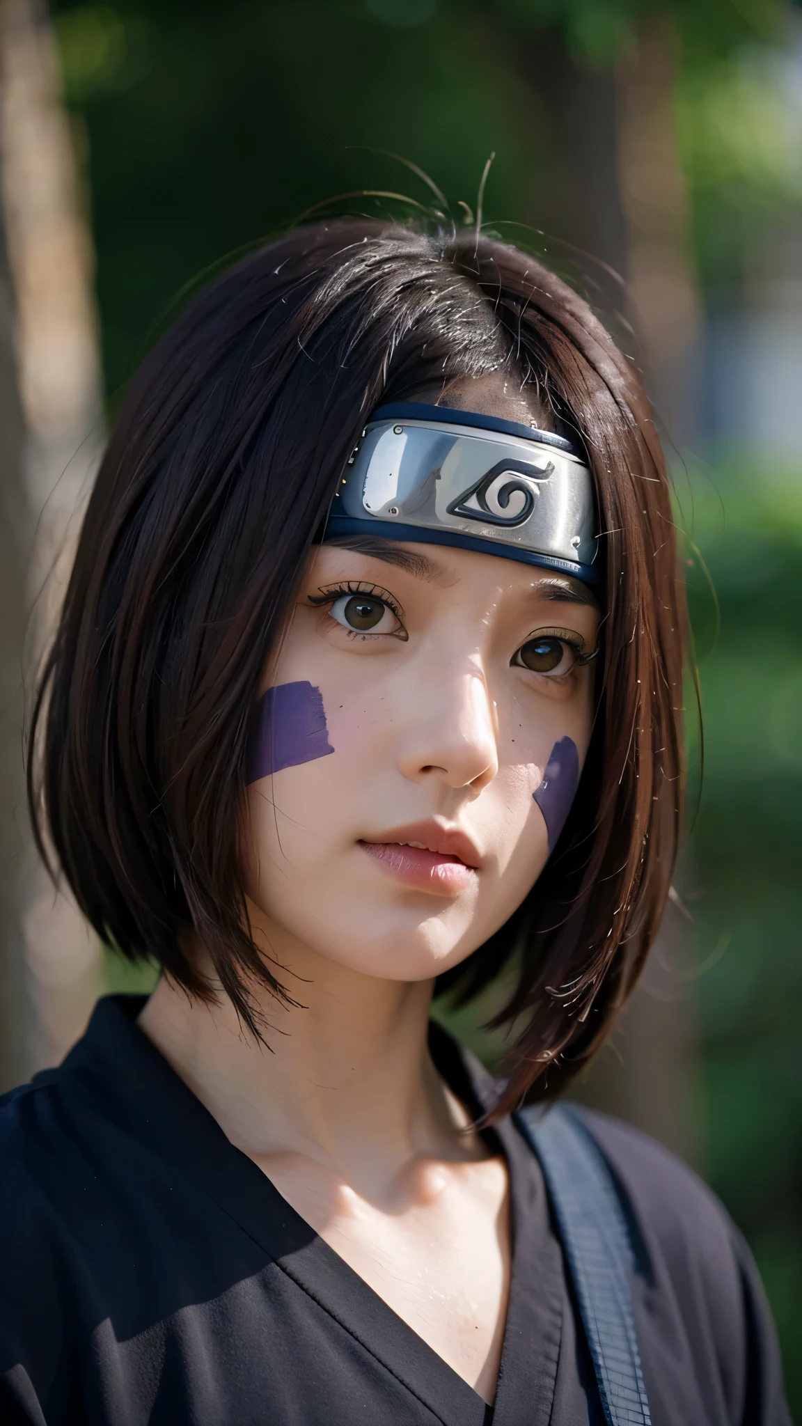 Rin Nohara from Naruto Shippuden in a real-world version, with a Japanese-style face, appearing like a living human. A half-body portrait in Ultra HD quality, ultra realistic, and super detailed. Natural skin texture, lively eyes with soft light reflections, brown hair with highly detailed strands, a gentle and friendly expression, and realistic purple marks on the cheeks. Ninja medical outfit with real fabric texture, cinematic lighting, soft shadows, shallow depth of field, and the feel of a highly lifelike professional portrait photo
