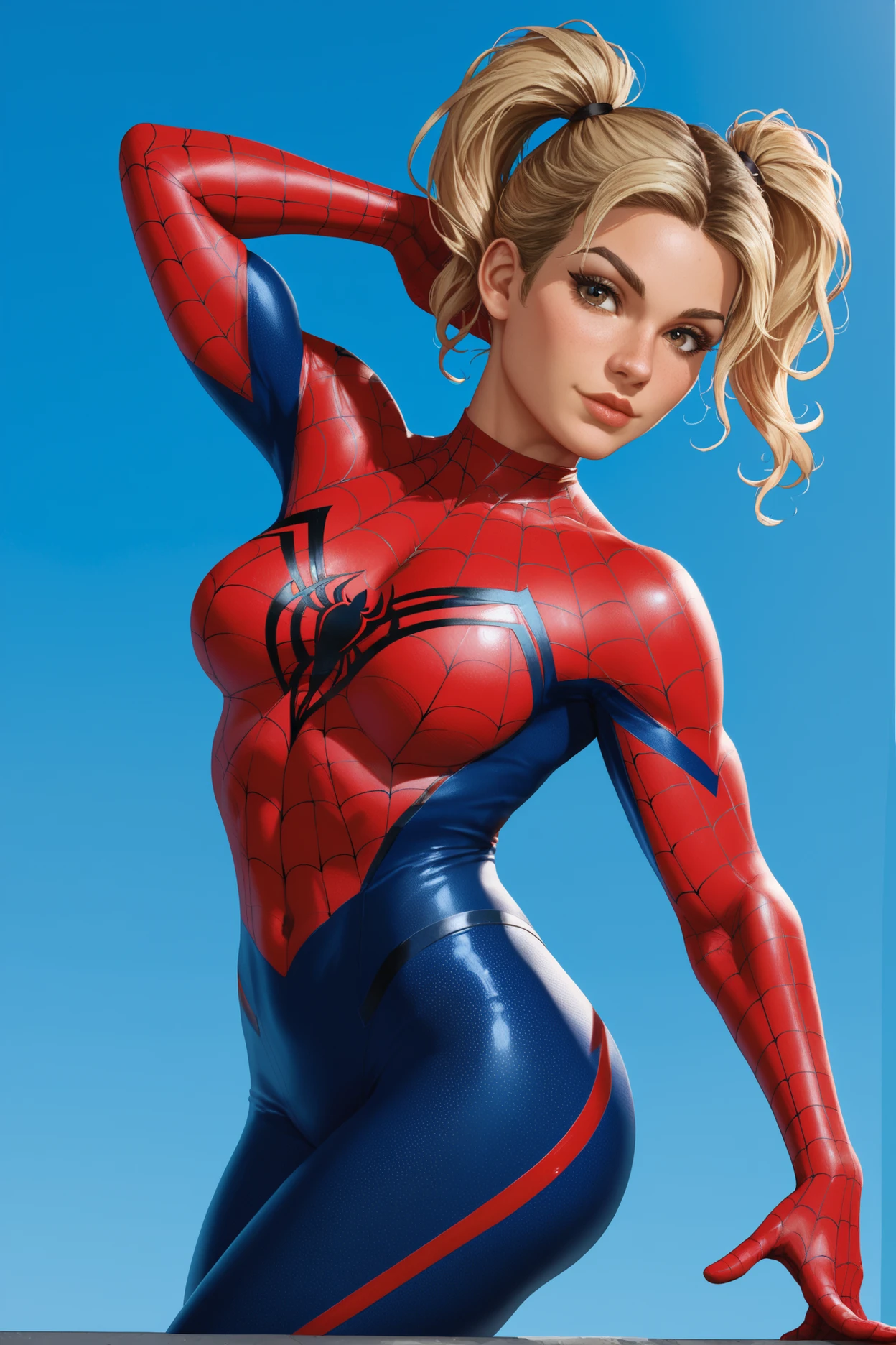 
a woman in a spider - (cameron diaz:1.2) as spiderman, spider woman, 17 years old, ( ( spiderwoman ) ), long blonde pigtails, super hero pose, awesome pose, wearing tight suit, spiderman, spiderman!!, posing like a superhero, spider - man