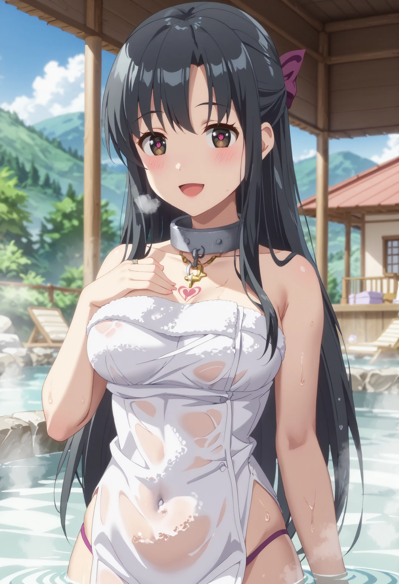 （（（ＳＦＷ、Highest quality、A first-class masterpiece、Normal Body 、32K、detailed face、Ultra High Accuracy、Normal hand、Highest）））、Kaori Shirasaki/Shirasaki Kaori、Beautiful girl、long hair、dark haired、Black Eyes、Slim、slender、Short Height、Height 155cm、Weight 38Kg、 bust 87 cm 、waist 48cm、hips 78cm、 Navel Exposure 、Muscle Exposure、Seaside town、embarrassed blush smile、excited、estrus、desire、I'm out of breath、open your mouth、makes me salivate、Temptation、eyes are hearts、 has heart-shaped eyes、pink heart tattoo on the lower abdomen、pink heart tattoo on chest、Chain lead iron collar、Hot Springs、Open-air Bath、Chill out、bath towel