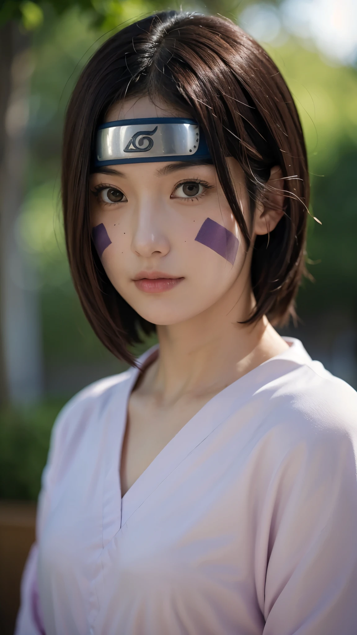 Rin Nohara from Naruto Shippuden in a real-world version, with a Japanese-style face, appearing like a living human. A half-body portrait in Ultra HD quality, ultra realistic, and super detailed. Natural skin texture, lively eyes with soft light reflections, brown hair with highly detailed strands, a gentle and friendly expression, and realistic purple marks on the cheeks. Ninja medical outfit with real fabric texture, cinematic lighting, soft shadows, shallow depth of field, and the feel of a highly lifelike professional portrait photo