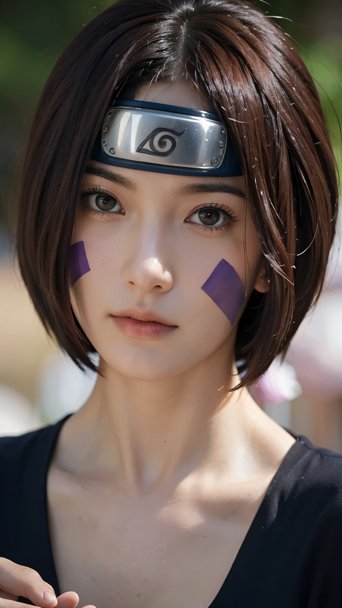 Rin Nohara from Naruto Shippuden in a real-world version, with a Japanese-style face, appearing like a living human. A half-body portrait in Ultra HD quality, ultra realistic, and super detailed. Natural skin texture, lively eyes with soft light reflections, brown hair with highly detailed strands, a gentle and friendly expression, and realistic purple marks on the cheeks. Ninja medical outfit with real fabric texture, cinematic lighting, soft shadows, shallow depth of field, and the feel of a highly lifelike professional portrait photo