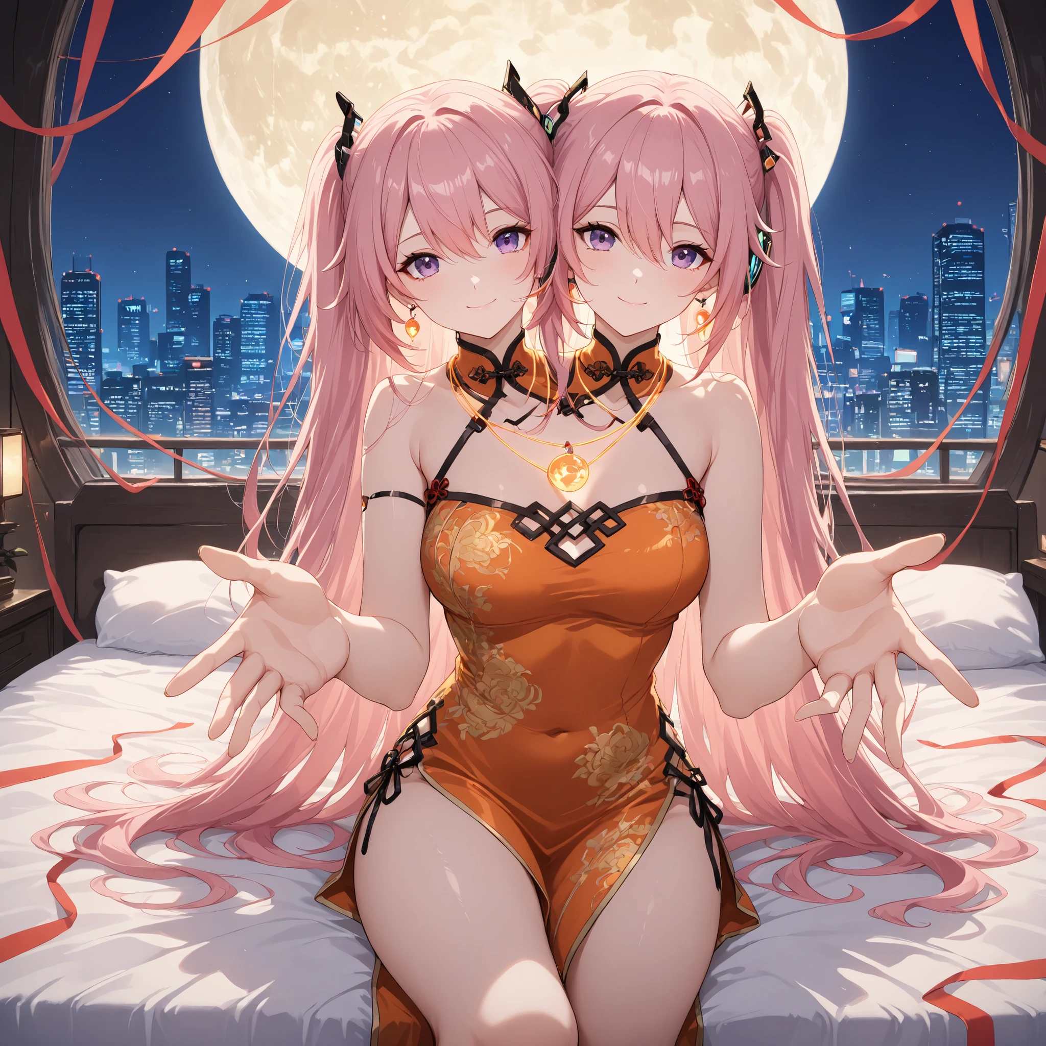 1 girl, legs, normal pair of legs, masterpiece, laying in bed, reaching out to viewer, best quality, good quality, 2girls, conjoined, two heads solo, genshin_impact, acheron_ilxl, 1girl, long hair, solo, looking at viewer, purple eyes, bangs, closed mouth, pink hair, bare shoulders, earrings, hair ornament, smile, jewelry, hair between eyes, (2heads:1.3) Chinese_clothes, white and orange, cyberhan, cheongsam, cyberpunk city, dynamic pose, glowing headphones, glowing hair accessories, long hair, glowing earrings, glowing necklace, cyberpunk, high-tech city, full of mechanical and futuristic elements, futuristic, technology, glowing neon, orange, orange light, transparent tulle, transparent streamers, laser, digital background urban sky, big moon, with vehicles, best quality, masterpiece, 8K, character edge light, super high detail, High quality, the most beautiful woman in man, smiling slightly