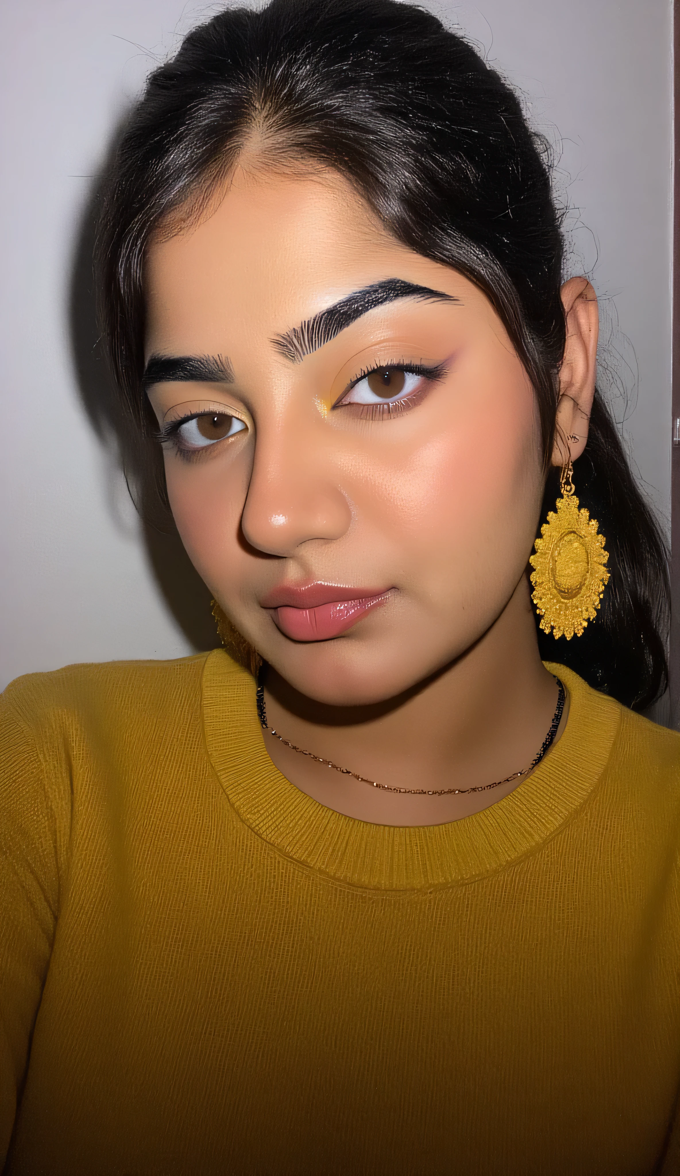 Full body photo of a Bollywood actress, posing with one leg extended, realistic , slim, cute face, black eyes, wearing an bra and Penties, dress, big boss so