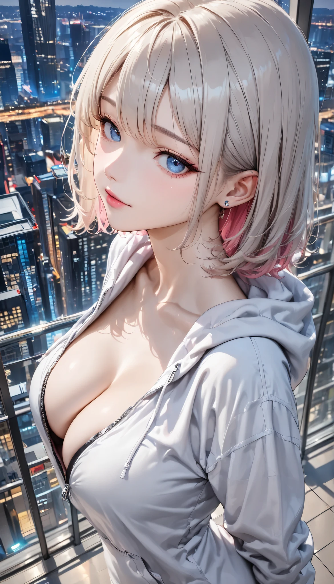 ((close up, Viewer perspective, very detailed CG, very detailed)) A girl standing at the edge of a skyscraper's rooftop. A side view of her profile as she gazes blankly down at the city lights, a photograph capturing her contemplative state at twilight. The city's reflected glow casts a dim light, stretching her shadow long. She wears a hoodie loosely over bare skin, the zipper half-open revealing a hint of cleavage. Apply a dreamlike filter; capture a photo that feels real yet emotionally charged).((Portrait)), A woman in white clothing,((Hoodie over bare skin)),Gwise-style work, gwise masterpiece , Detailed digital anime art, White-blonde girl, gray hair, pink Inner Color, sky-blue eyes, pink lips, cleavage, rooftop of a city building, ((Late night: 1.3)), (Side view, shot from below, full body)
