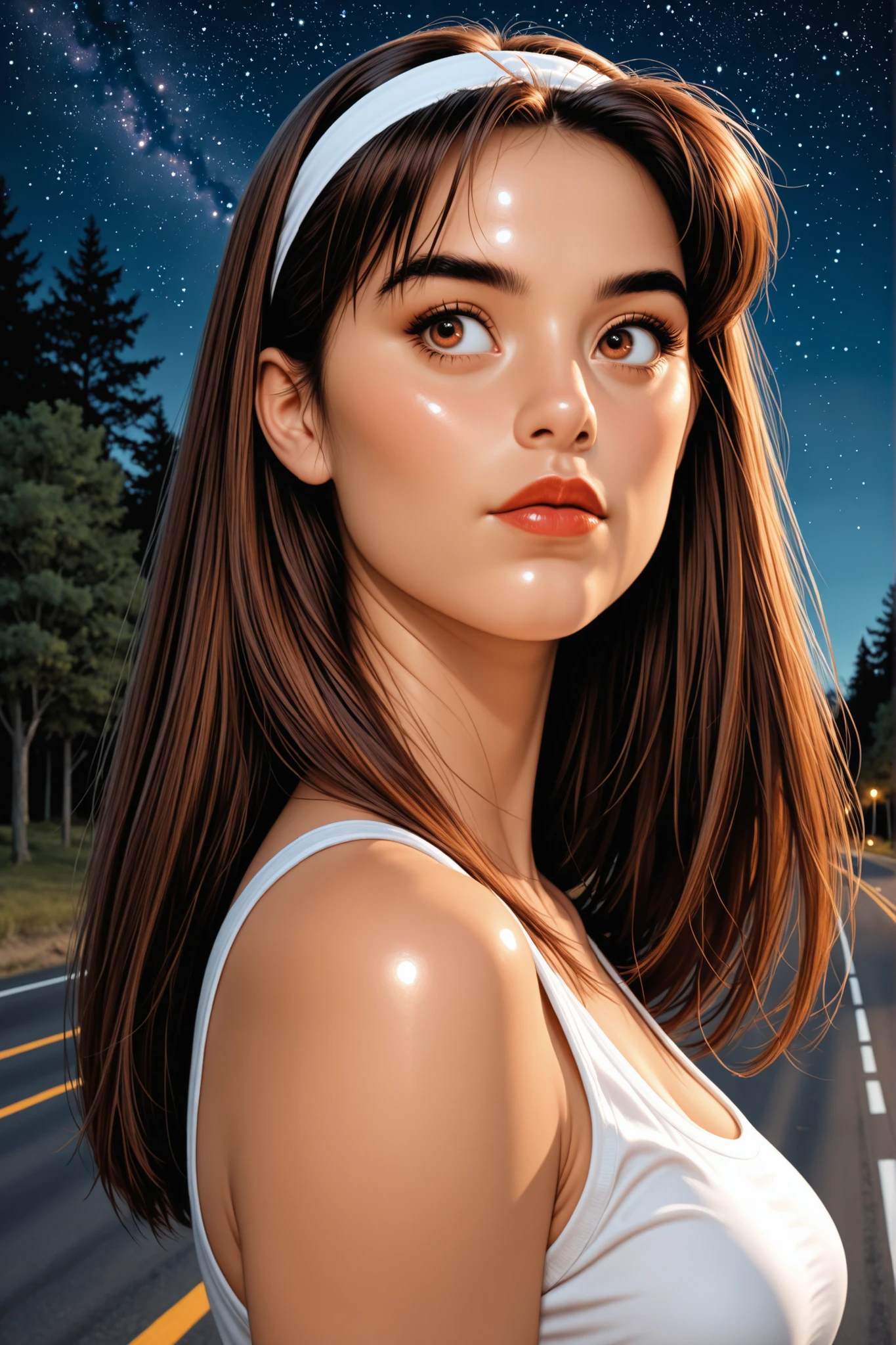 perfect face, straight hair, lightest brown hair, (((white headband))), black eyebrows, thick eyebrows, black eyeliners, big eyes, (((brown eyes))), bright red lips, thick lips, beautiful woman, white tank top, medium breasts, (looking at me), (night sky, starry sky, trees road), (shiny skin), (glossy skin)