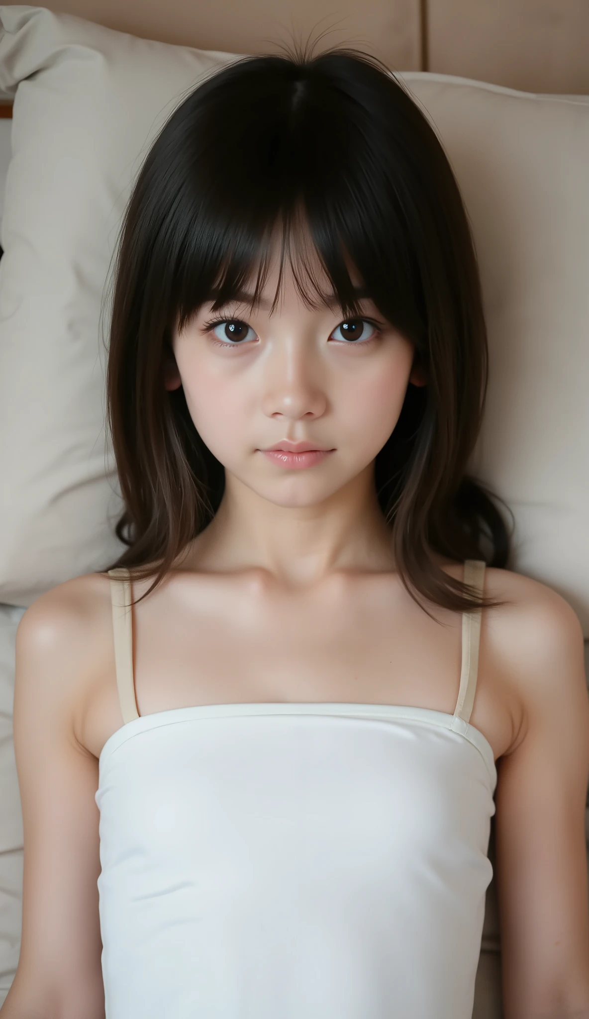 (8k), (Highest Quality), (photorealistic:1.4), Very beautiful upper-body photo of a 15 year old girl, (Very Skinny:1.9), (narrow shoulder width), ((A very thin and very short girl)), without makeup , ((beautiful straight long hair)), A girl wearing a shirt is lying on her back on the bed, Camera looking down from directly above, Perfect Cinema Lighting, Ultra High Resolution,