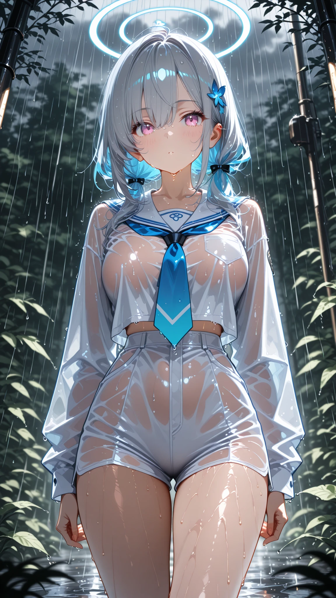 (((professional: Step by Step, taking into account even the smallest detail, God Level Final Result, full body with intricate details, only 1 girl, image: all the intricate details, Masterpiece))): "Quality 3, Wet anime, hyper details, Wet anime 17-years-old white woman with random colored hair Wet hair tied back with a red ribbon Her eyes are the same color as her wet hair, Delgado, clothing white crop top and denim miniskirt, A jungle background under a constant torrential rain that soaked them, Wet Back Posture, showing her beautiful body 92 59 90, flirty face, pedestal invisible,, Film grain, fuji colors, contrast of lights and shadows, textured skin, dynamic pose, realism, sunlight, High contrast, very ???? pose"
