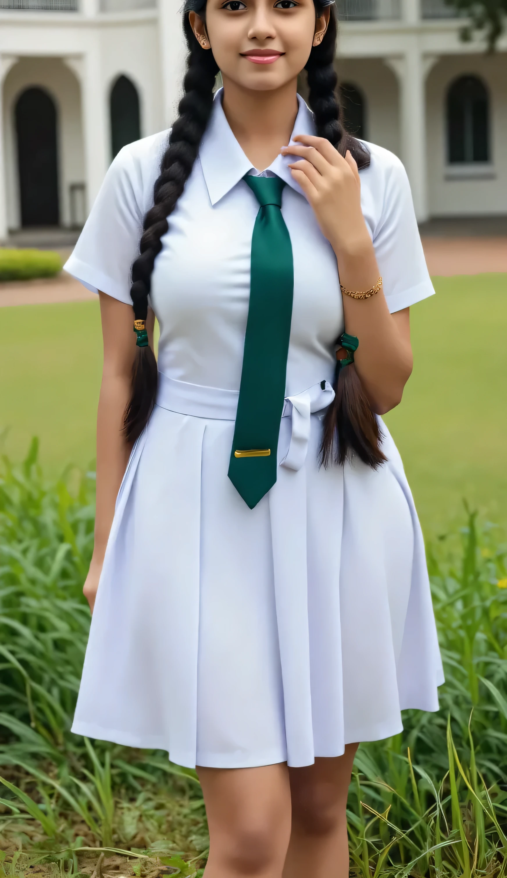 Better posture, full body view,"Create a clean, bright and highly detailed raw image with natural daylight - without harsh shadows or oversaturated colors. Dressed in crisp white gowns with dark green ties, large breast size, age 20, correct anatomy of other body parts, brown skin, sweaty skin, two schoolgirls stand out in the middle of a serene Sri Lankan school setting. In the background are colonial-style school buildings, surrounded by green lawns and grassy buildings. Tropical flowers like frangipani and hibiscus, holding a note close to their chest in a shy pose, while the other girl adds subtle details: a gentle breeze gently moves their hair, giving natural highlights to their real feet Texture-fabric folds, dewy grass and intricate architectural details, smooth Covered in sans-serif font: 'Forbidden Love Story: Girls' Secrets' School in Sri Lanka, color in white and off-white. Maintain clarity and professionalism."