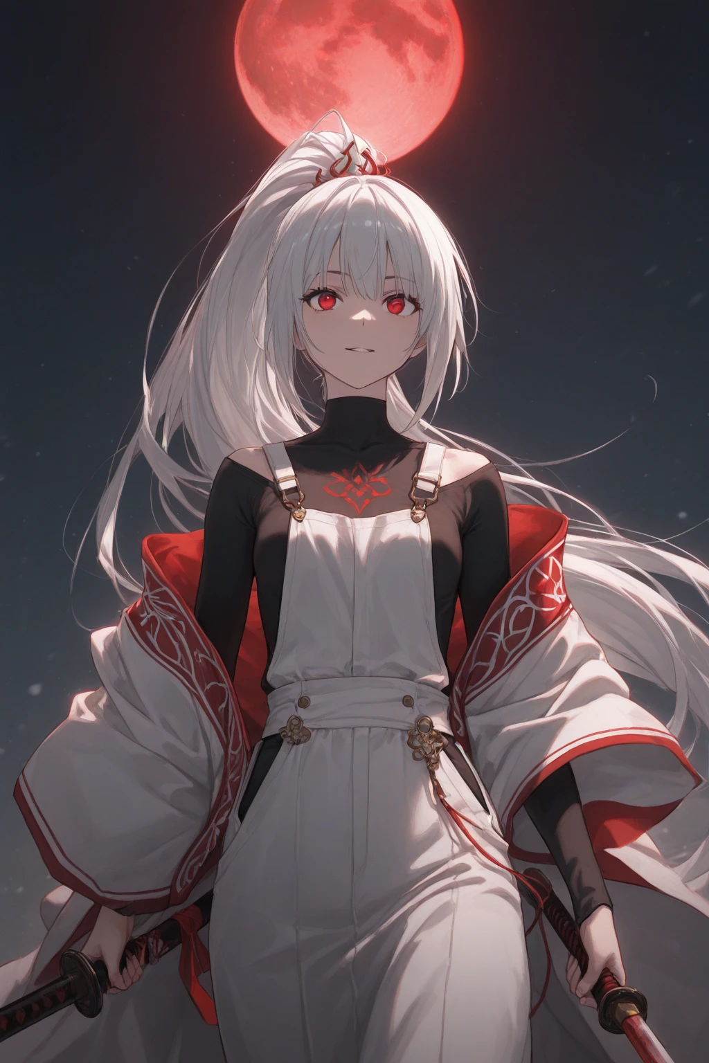 1girl, flying hair, red eyes, fire witch, blood on face, light particles, lightning rays, wallpaper, colorful, high contrast, vampire, smirk, evil smile, psychopathic smirk, psychopathic smile, tilted head