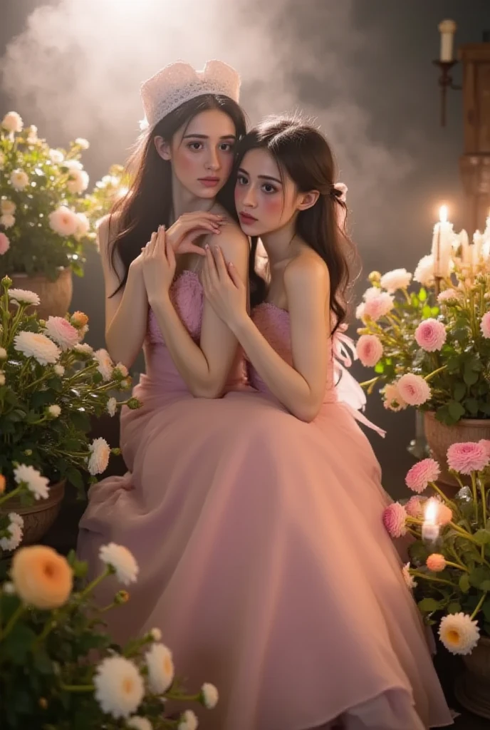 full body portrait or statue、Sandro Botticelli painting style,Arguments of two female Philosophe,math、astronomical machine、astronaut、roses in vase、fruits、Cute trinkets、smile、ancient greek costume、Ancient Roman landscape in the style of Nicolas Poussin,laughter,,Sweet and  appearance.、Caravaggio's paintings、Chiaroscuro of Caravaggio、hair tousled by the wind,Two women frolicking,cute smile, expression of ,Sexy,