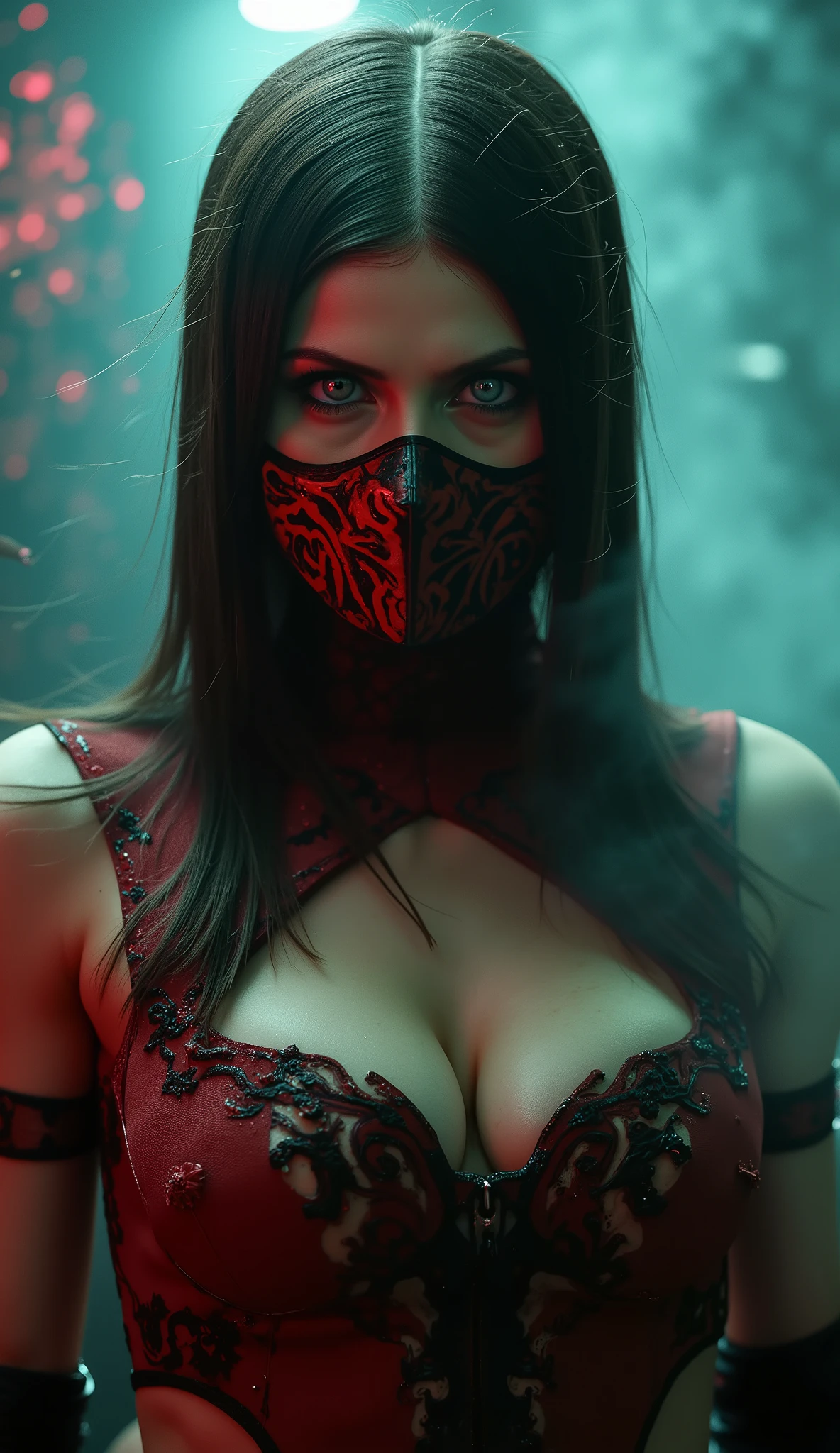 Alexandra Daddario as Skarlet from Mortal Kombat with red metal mask with high-quality black details and original red costume and red particles in the background with fog and neon green cold light