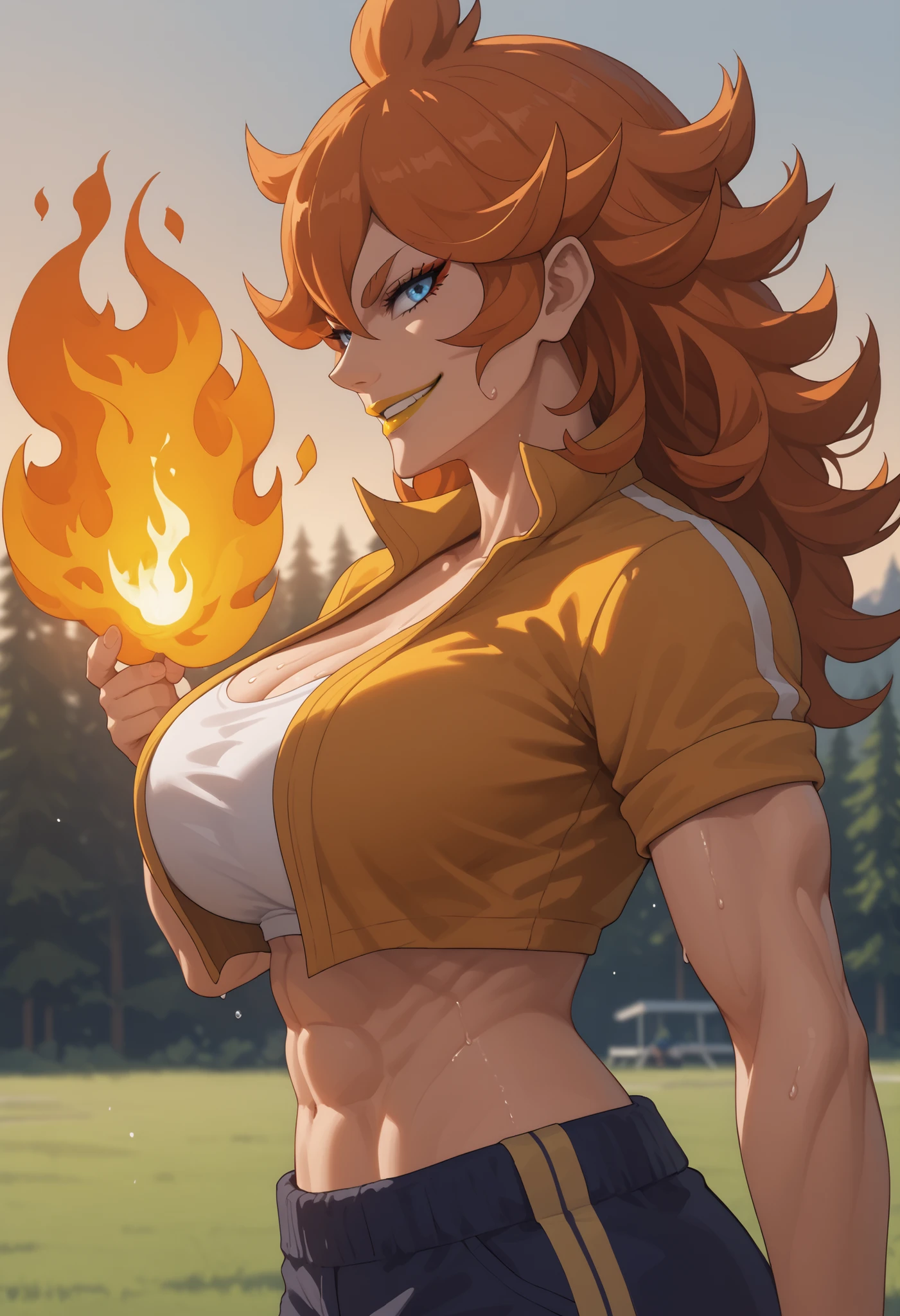 woman, large breasts, anime style, yellow lipstick, white skin, blue eyes, orange hair, strong, strong physique, fire, fighter, side view, sweating, training, looking at viewer, smile, sunset lighting, warm lighting, training camp, fire energy, white band across breasts, exposed midriff, no top, thin waist, open arms, Mereoleona Vermillion