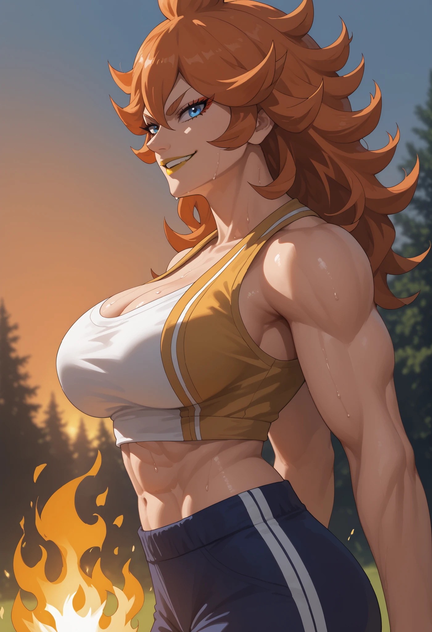 woman, large breasts, anime style, yellow lipstick, white skin, blue eyes, orange hair, strong, strong physique, fire, fighter, side view, sweating, training, looking at viewer, smile, sunset lighting, warm lighting, training camp, fire energy, white band across breasts, exposed midriff, no top, thin waist, open arms, Mereoleona Vermillion