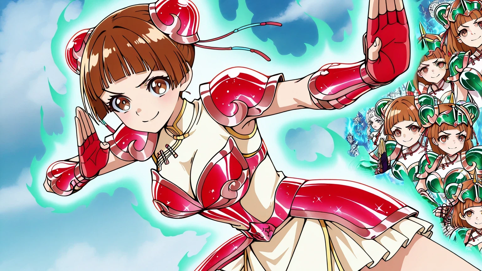 傑作, Best quality,.Best resolution,.Best image quality, amazing quality, very aesthetic,.absurdres, anime coloring, anime screencap, anime screenshot, 1girl, Xiaoling, solo, girl is wearing a white china dress outfit, zodiac girl knight, 14 years old, Portrait of a Zodiac girl Knight, brown hair, hair ornament, short hair, brown eyes, blunt bangs, hair bun, double hair bun, hair pin, bun cap, emerald armor, dress armor girl, Enchanting princess knight, under white china dress, anime Fencer, Smooth anime CG art, official anime style, 彼女の周りの桜の花びら, A cheerful smile, シュウシュウアニメ画像, princess knight, , , large , medium , Short girl,  thighs, 美少女, galaxy princess, crystal emerald armor, shoulder armors, breastplate armor, emerald princess, emerald Reflective Armor, best quality anime art style, official anime art style, Ursa Minor Armor, Ursa Minor Helmet, gloves, fingerless gloves, cowboy shot, solo focus, looking at viewer, female focus, fighting stance, dynamic pose, blue aura,