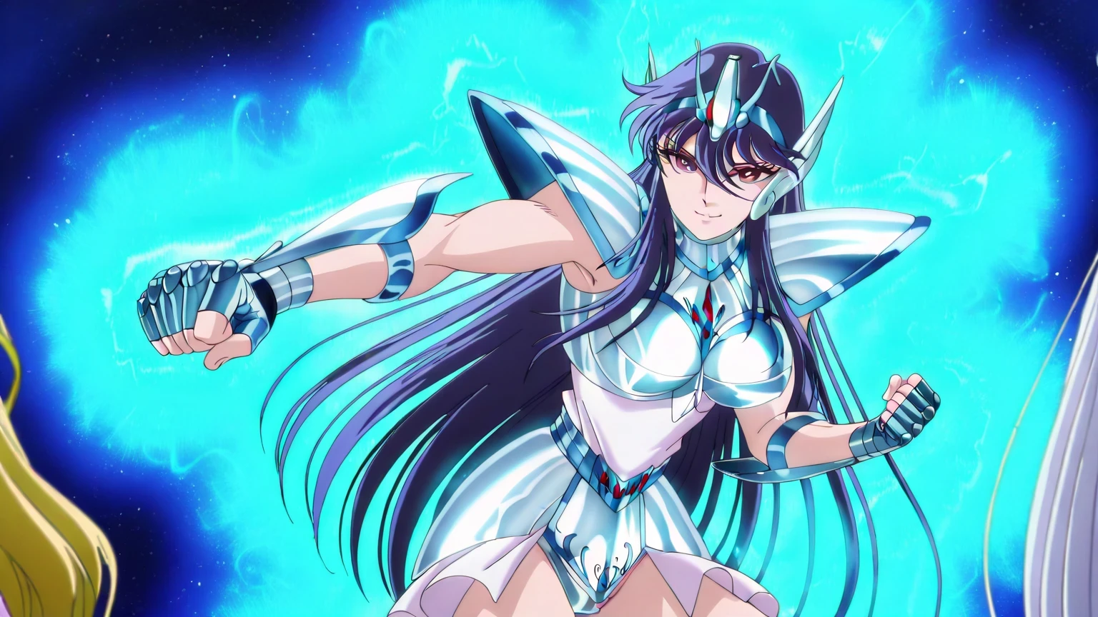 傑作, Best quality,.Best resolution,.Best image quality, amazing quality, very aesthetic,.absurdres, anime coloring, anime screencap, anime screenshot,  1woman, kyouko, solo, woman is wearing a white leotard outfit, zodiac lady knight, 16 years old, Portrait of a Zodiac lady Knight, long hair, navy blue hair, brown eyes, bangs, Hair between the eyes, navy blue hair, very tall woman, toned body, muscular woman, biceps, biceps short head, biceps long head, triceps, triceps medial head, triceps lateral head, triceps long head, brachioradialis, deltoids, shining Rubellite armor, Enchanting princess knight, Clad in light armor, leotard  armor lady, under leotard  with an white, leotard under armor, high leg cut, , very ,  ,  thighs, large , Nihilistic smile,  light smile, shiny Rubellite armor, shiny Rubellite armor, galaxy princess, crystal Rubellite armor, shoulder armors, breastplate armor, 王女としての王様賛美歌, armor with an cyrstal Rubellite, best quality anime art style, official anime art style, Smooth anime CG art, official anime style, princess knight, Digital Comics art, official anime artwork, girl Warrior, Rubellite princess, Rubellite Reflective Armor, Equuleus Armor, Equuleus Helmet, gloves, fingerless gloves, cowboy shot, solo focus, looking at viewer, female focus, fighting stance, dynamic pose, blue aura, saint seiya style,