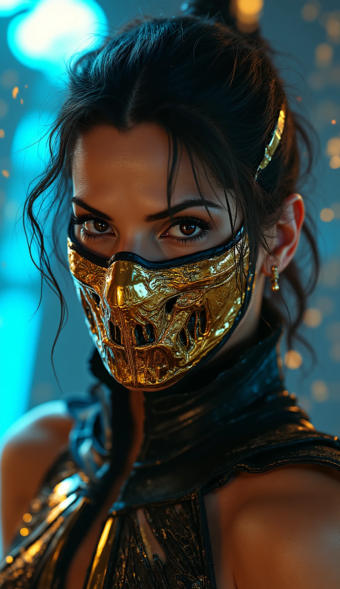 Sandra Bullock Tanya from Mortal Kombat, with gold metal mask with black details and original costume in high quality, In the background golden particles and blue neon cold light in high quality