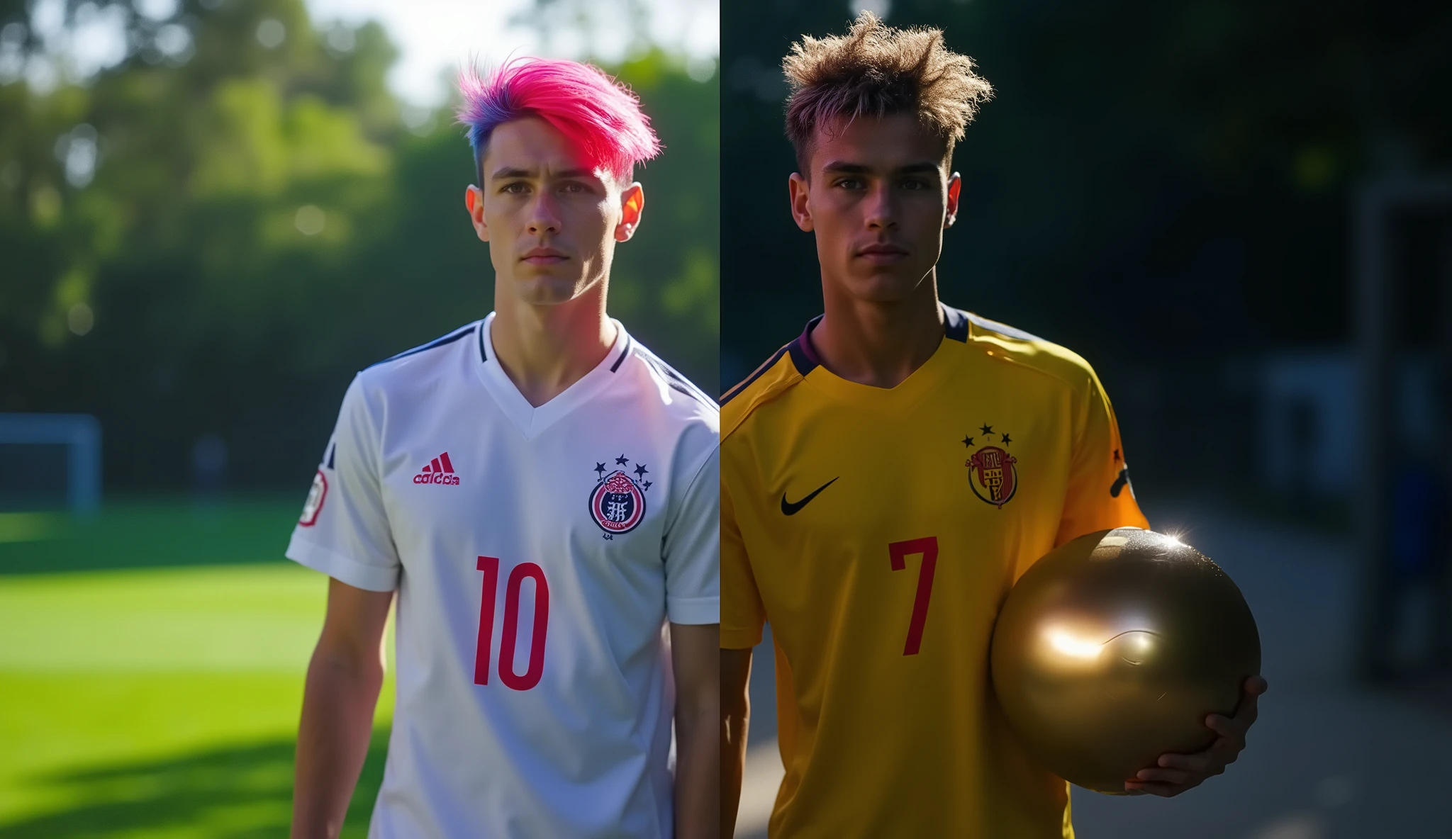 masterpiece, best quality, ultra-detailed, 8k, high resolution, moody lighting, bicolor lighting, (chiaroscuro:1.3), (colored shadows:1.4), (red rim light:1.5), (luminous:1.2) (dramatic shadows:1.3), bloom lighting, colored shadows, (side lighting:1.3), (blue rim light:1.4), photography, split lighting, contrast lighting, ((right sidebright soccerplayer male wearing his white jersey with number 10, Holding a soccerball, pink hair, pink eyes, by day setting with a soccerball:1.3), (left side dark alley male soccerplayer male wearing his
yellow jersey with number 7, confident pose, partially wild and colored, soccer station at night Holding goldball:1.3)), finely detailed, divided composition, split screen,