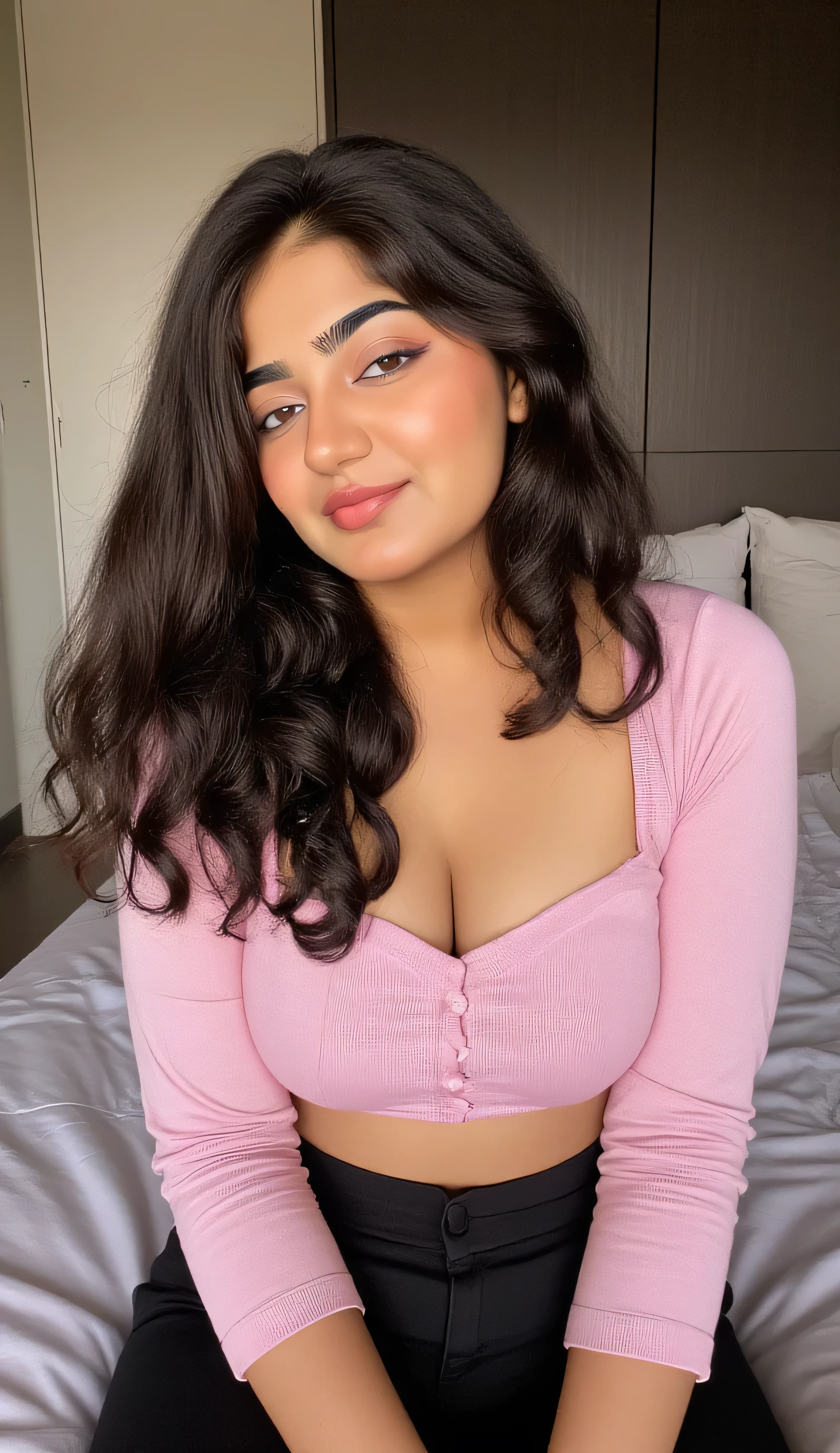 A 25-year-old beautiful Indian woman sitting on a bed in a cozy bedroom, wearing a stylish pink crop top and black jeans. Natural soft lighting, cinematic warm tones, romantic mood, gentle smile with expressive eyes, slightly messy soft hair, realistic skin texture, photorealistic UHD 8K, ultra-detailed face and body, high-quality depth of field, soft shadows, perfect color grading, bedroom ambience with pillows and blanket, elegant pose, emotional romantic expression, highly realistic photography style, DSLR lens shot, bokeh background, sharp focus on the face. Big Boss so
No text, no watermark, no blur, perfect lighting, highly detailed , realistic proportions.