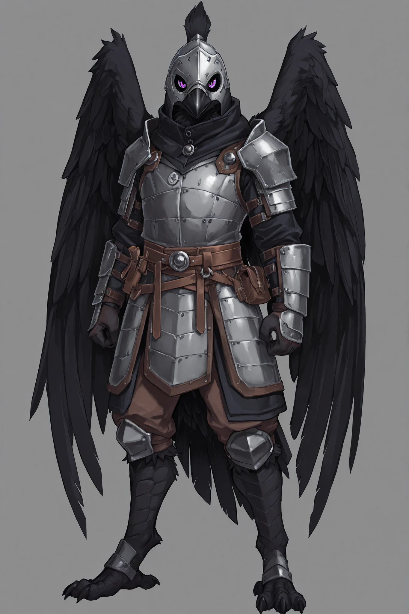 anthro raven, male, raven, raven wings, avian legs, lean physique, thin, one steel shoulder armor, light armor leather armor, adventurer outfit, highly detailed, best quality, fullbody art, gray background