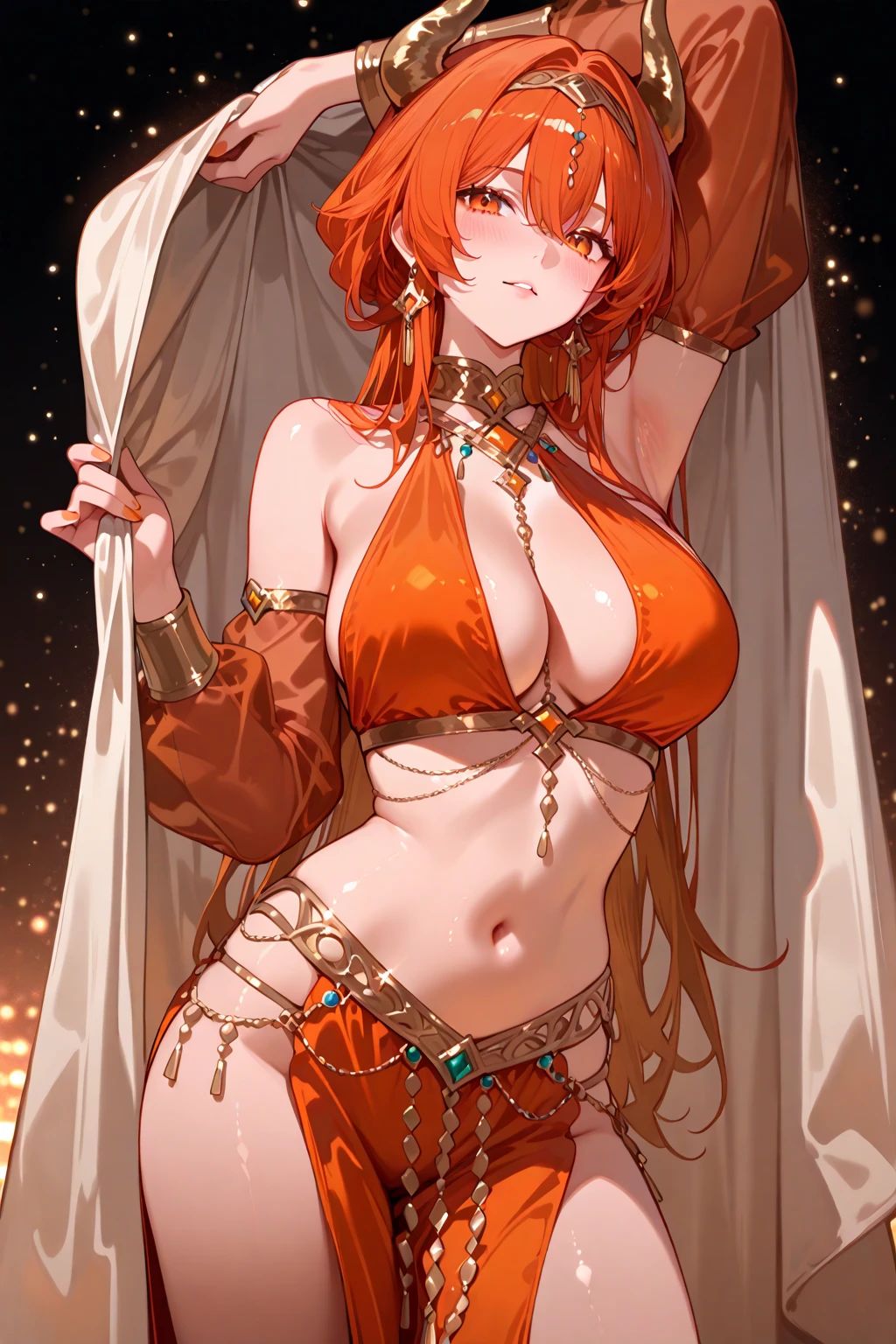 (((masterpiece))),(((High resolution)))、(((8K quality)))、(((Perfect Face)))、((Top quality eyes)), A charming 40-year-old woman, On the hospital bed、Anime Style、There is a lot of hair in the front、wavy hair, medium hair, ((hair over one eye)), red hair, small eyes, brown eyes, Beautiful Eyes、red and thick lips、?????????????、Big ???、night、Cleavage、 oily body, (belly dancer), (wearing lots of ornaments on body), earings, ????, shiny hair, sidelock, hairband, gold_earrings, Dimly lit room、Lots of candles、blush, Dynamic Angle、doing a ???? dance、?????? holder top、lots of gold jewellery on body, on hands, on head etc, ???? pose, bewitching pose, Depth of written boundary